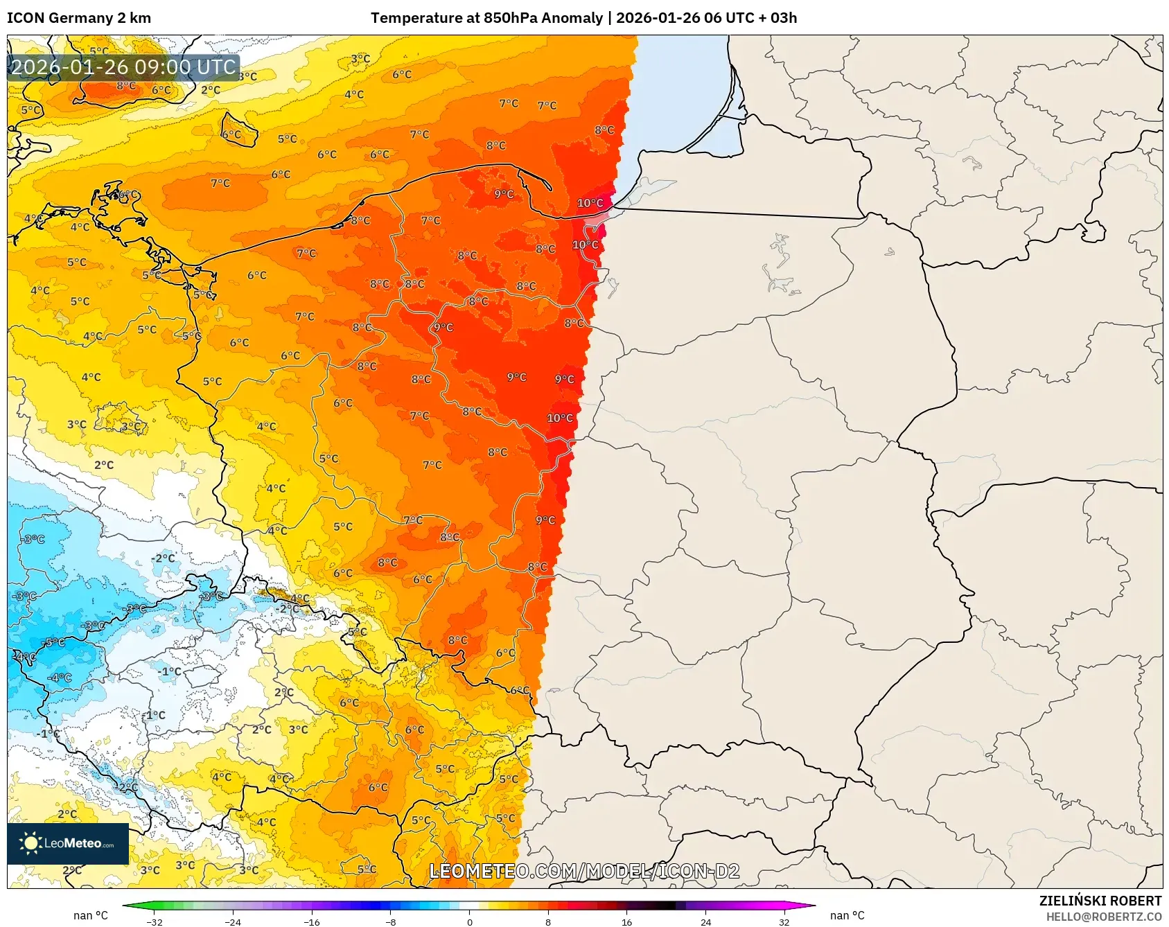ICON Almanya 2 km model - Polonya, 850 hPa Sıcaklık Anomalisi