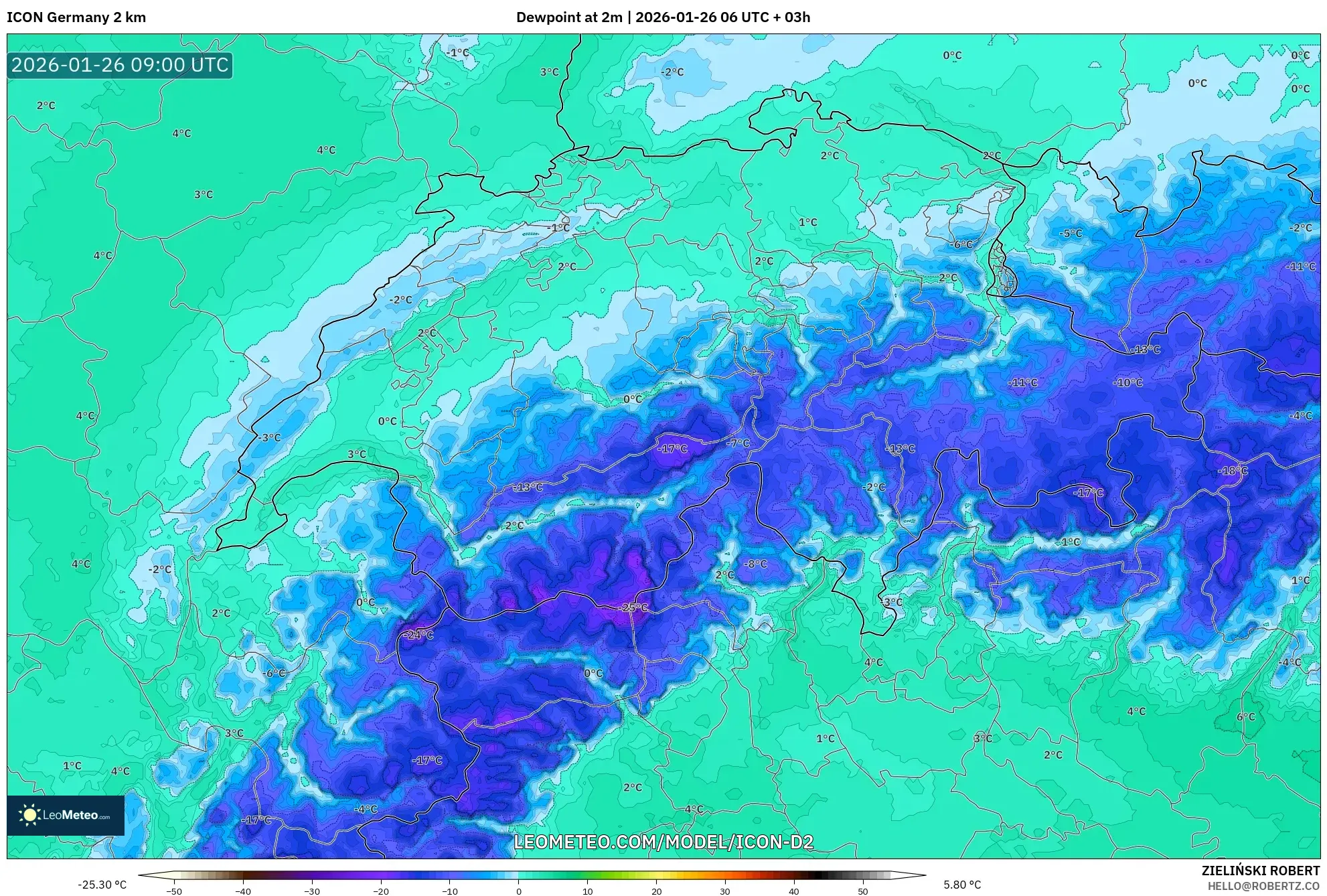 ICON Almanya 2 km model - İsviçre, 2 m Çiy Noktası