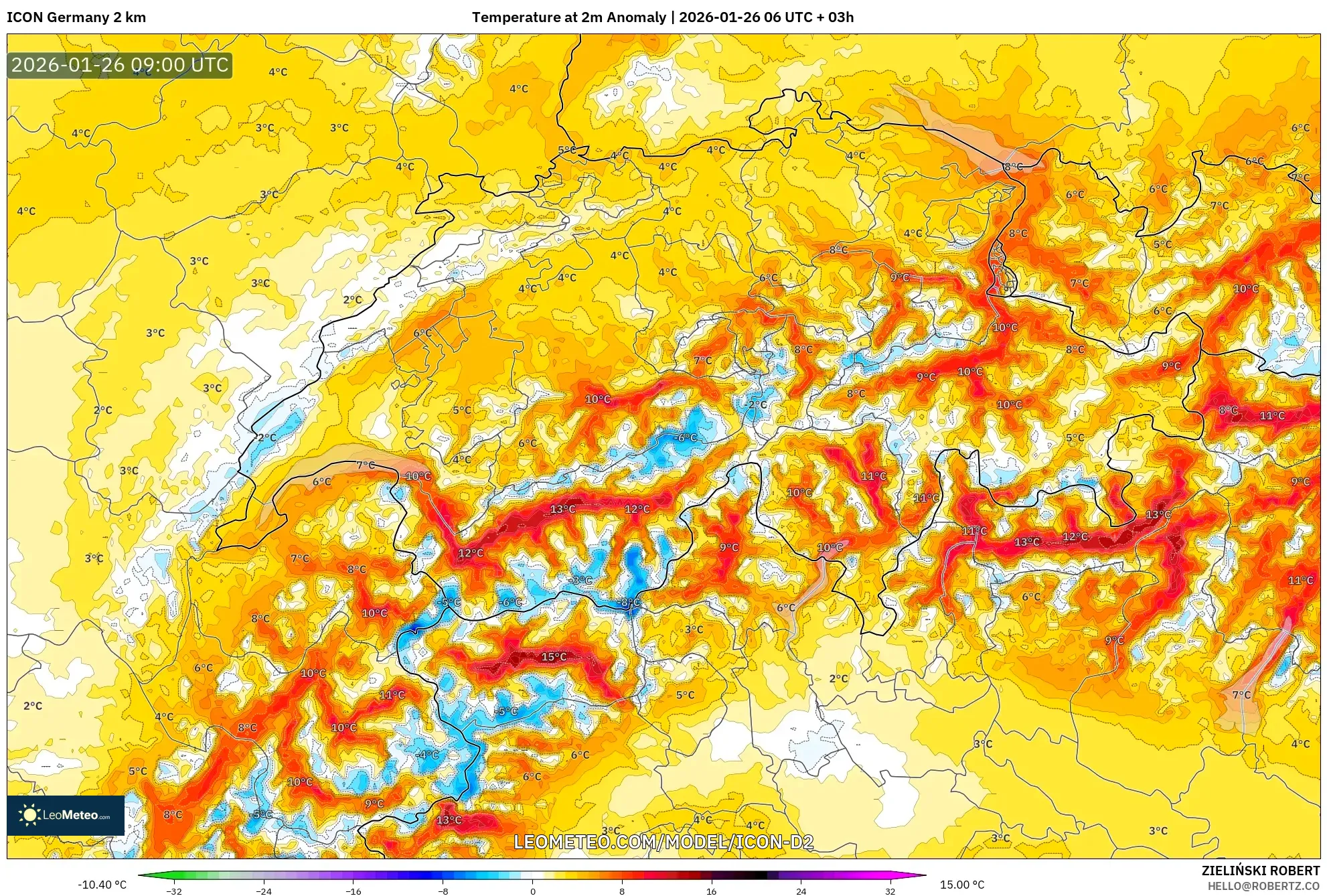 ICON Almanya 2 km model - İsviçre, 2 m Sıcaklık Anomalisi
