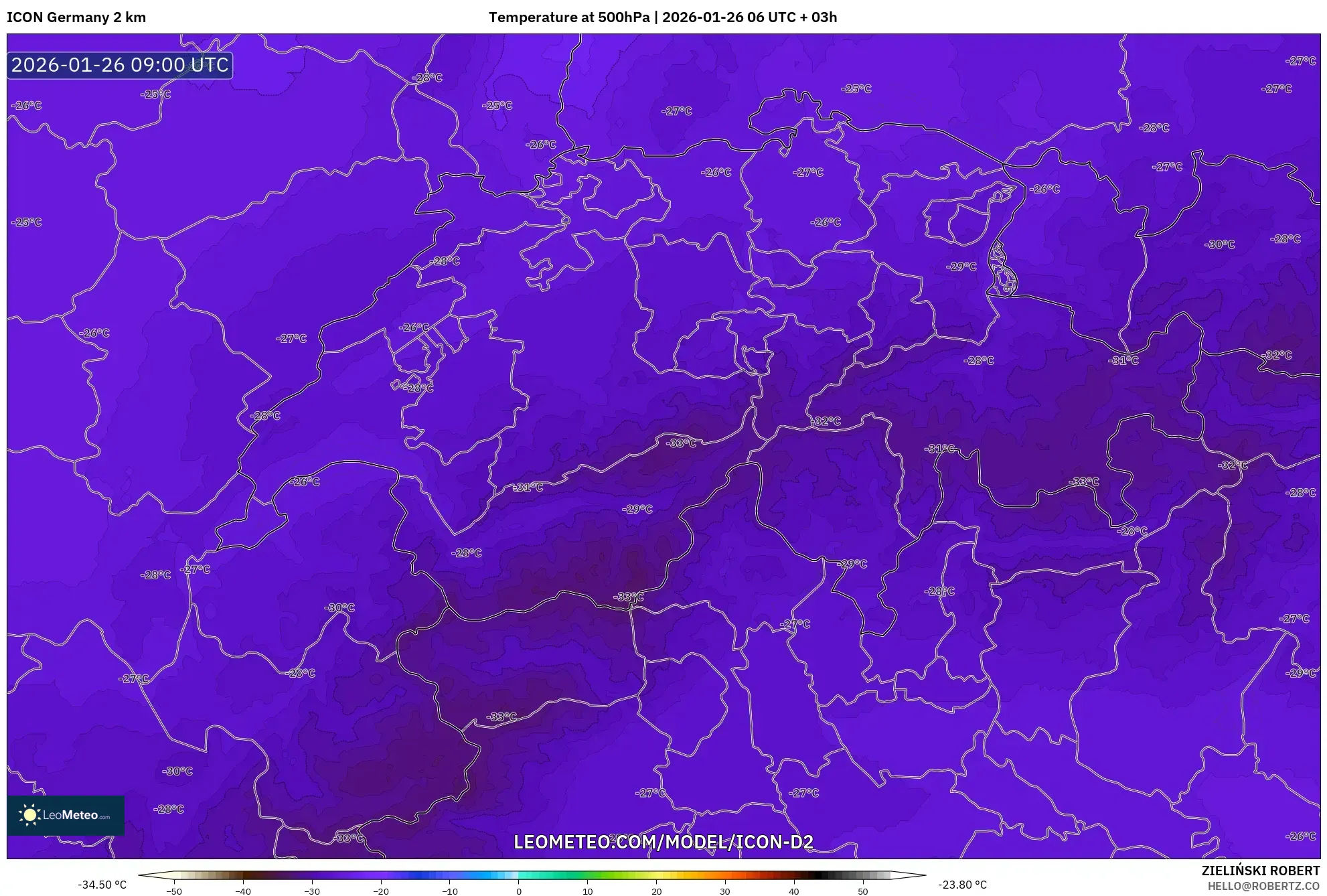 ICON Almanya 2 km model - İsviçre, 500 hPa Sıcaklık
