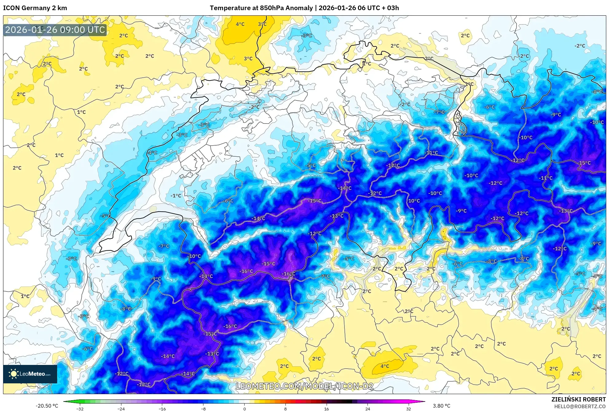 ICON Almanya 2 km model - İsviçre, 850 hPa Sıcaklık Anomalisi