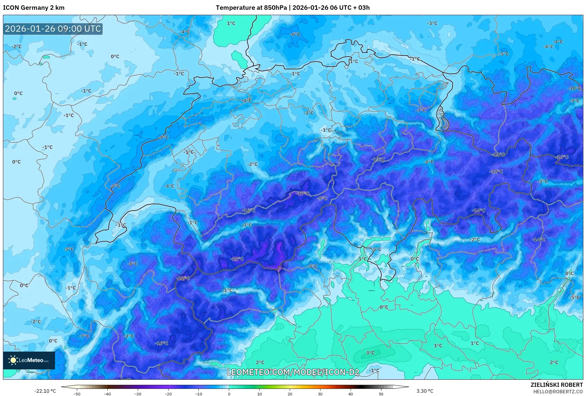 ICON Almanya 2 km model - İsviçre, 850 hPa Sıcaklık