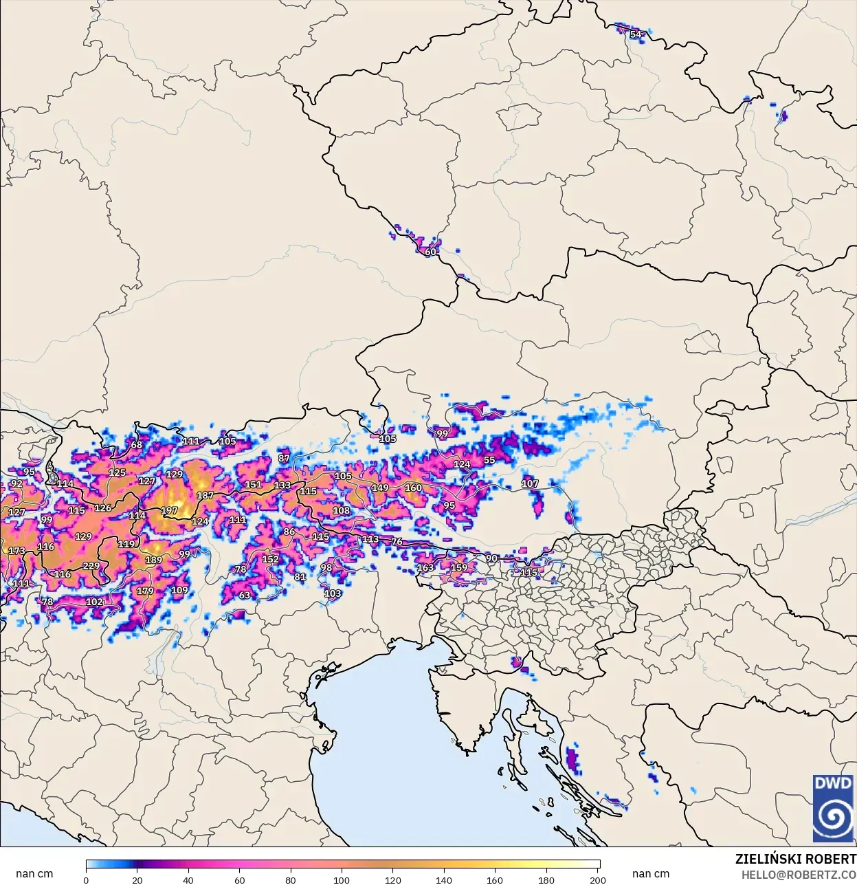 ICON Almanya 2 km model - Avusturya, Kar Kalınlığı