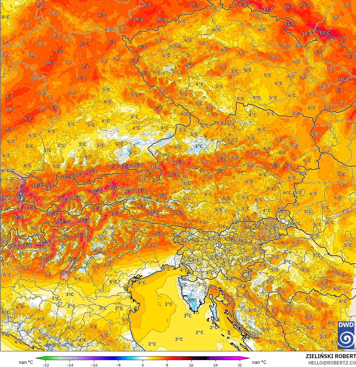 ICON Almanya 2 km model - Avusturya, 2 m Sıcaklık Anomalisi