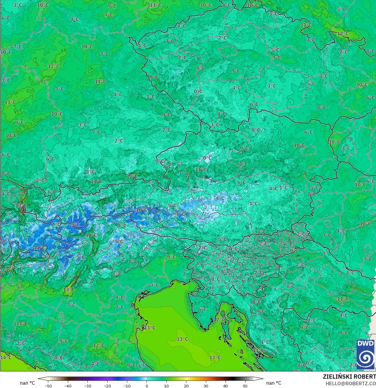 ICON Almanya 2 km model - Avusturya, 2 m Sıcaklık