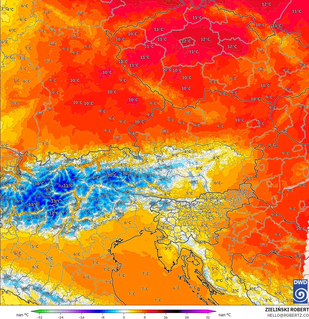 ICON Almanya 2 km model - Avusturya, 850 hPa Sıcaklık Anomalisi