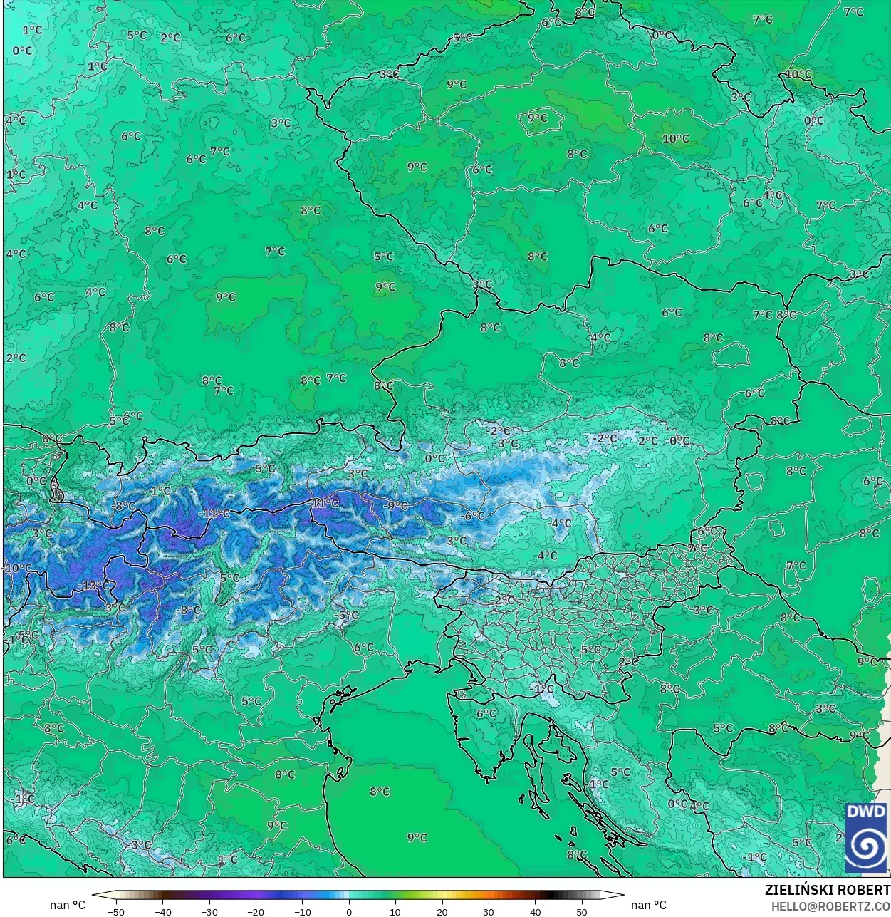 ICON Almanya 2 km model - Avusturya, 850 hPa Sıcaklık