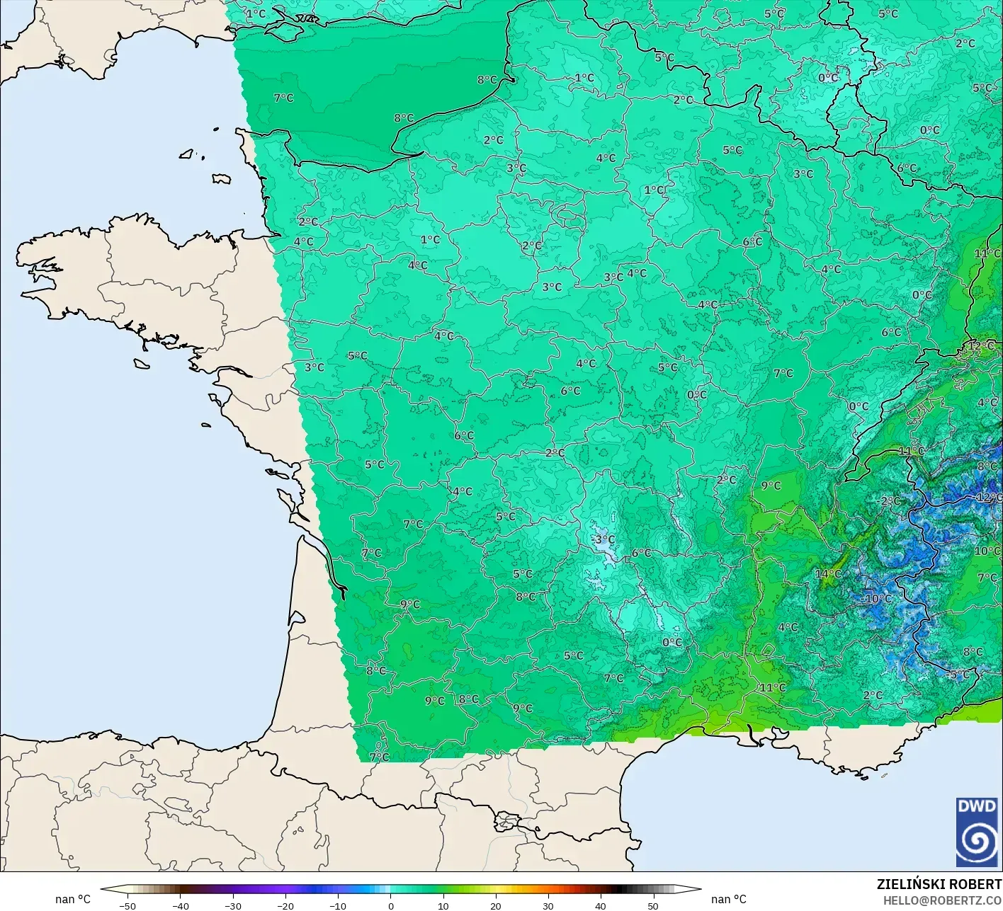 ICON Almanya 2 km model - Fransa, 2 m Sıcaklık