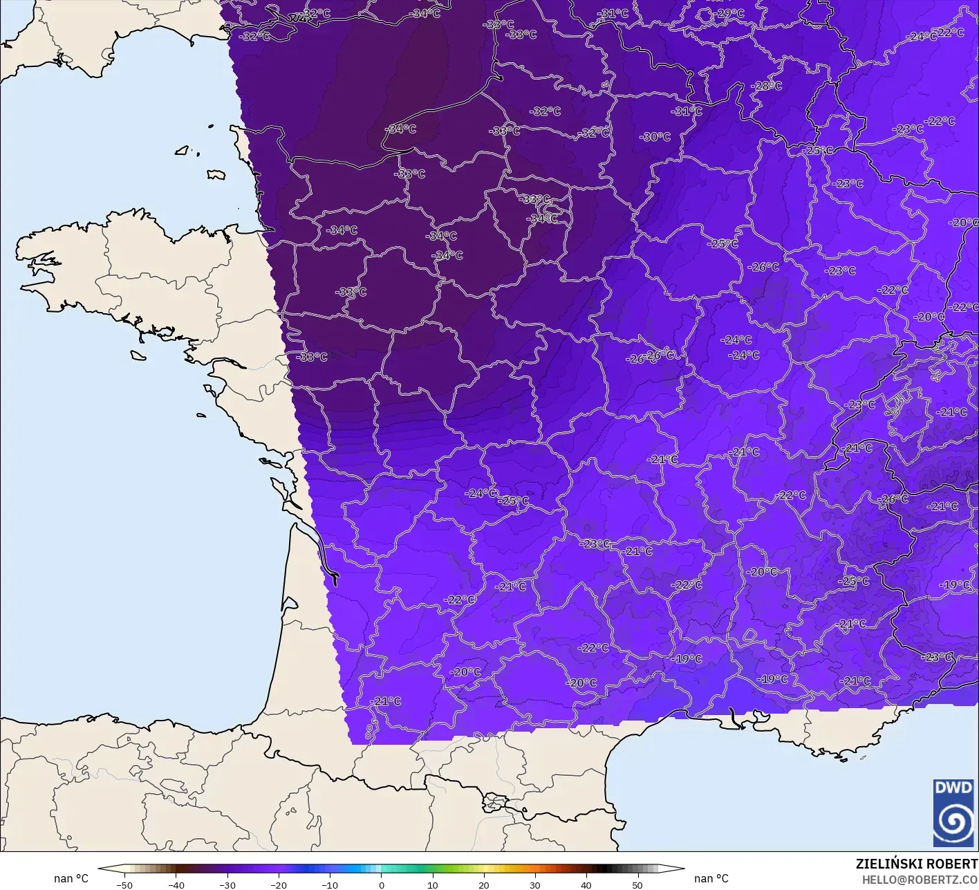 ICON Almanya 2 km model - Fransa, 500 hPa Sıcaklık