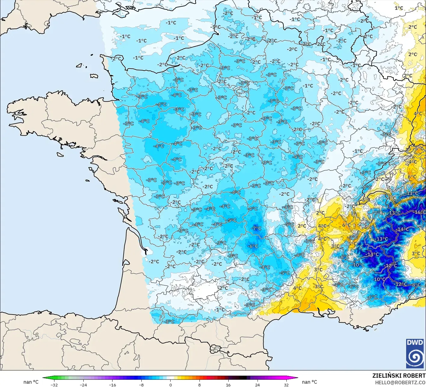 ICON Almanya 2 km model - Fransa, 850 hPa Sıcaklık Anomalisi