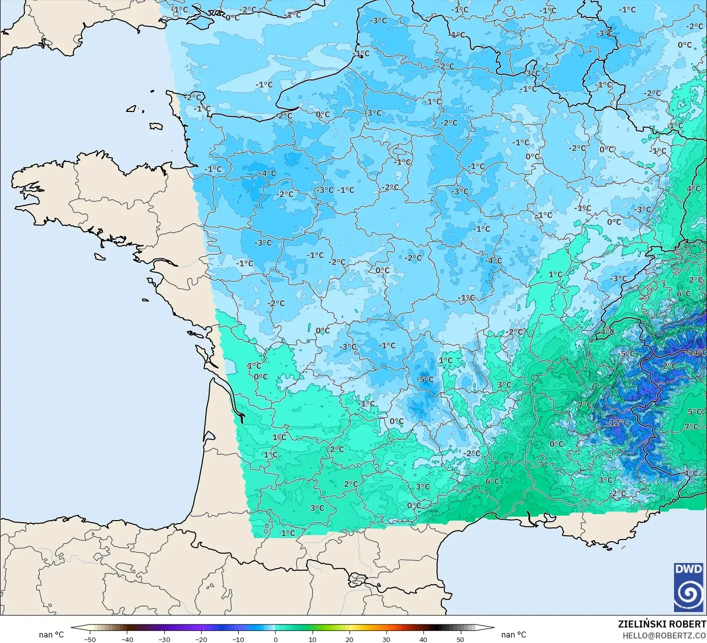 ICON Almanya 2 km model - Fransa, 850 hPa Sıcaklık