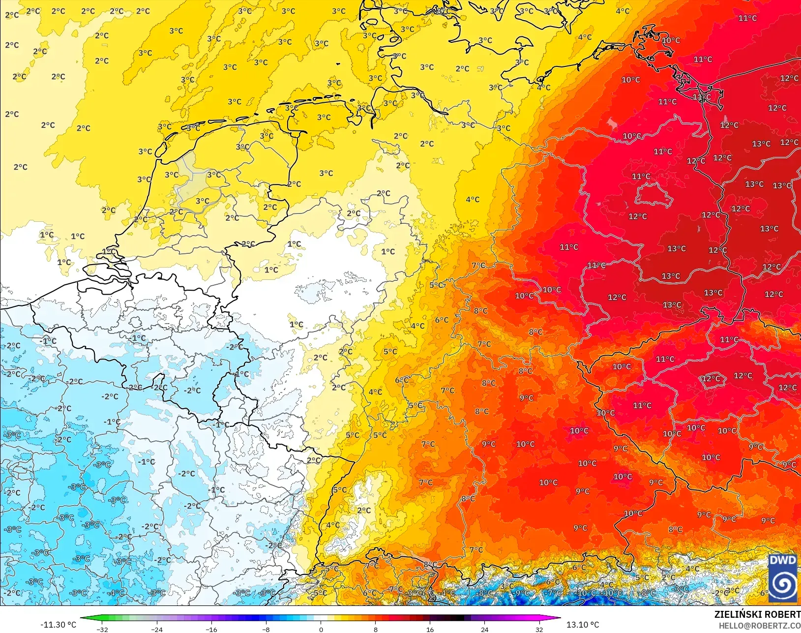 ICON Almanya 2 km model - Almanya, 850 hPa Sıcaklık Anomalisi