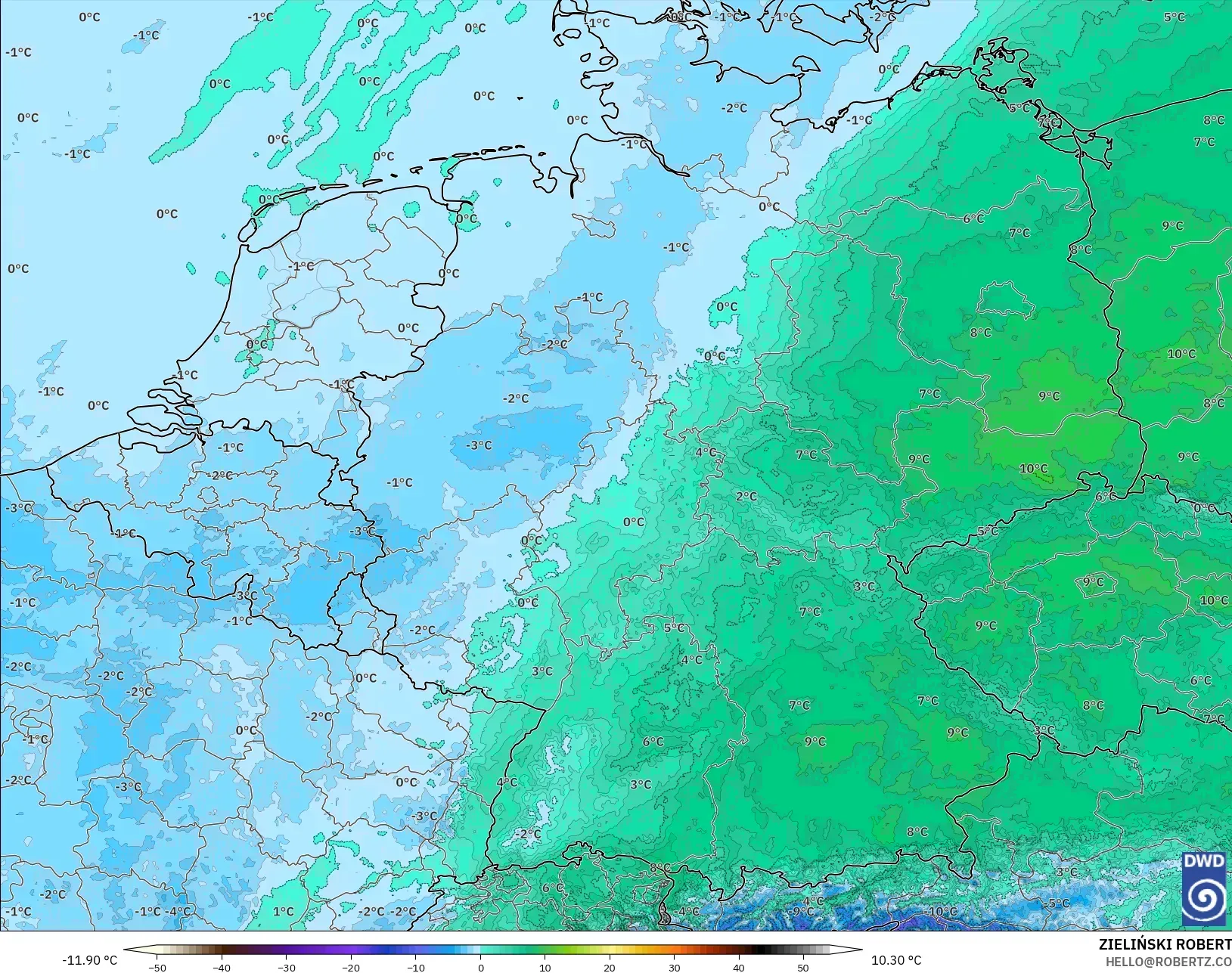 ICON Almanya 2 km model - Almanya, 850 hPa Sıcaklık