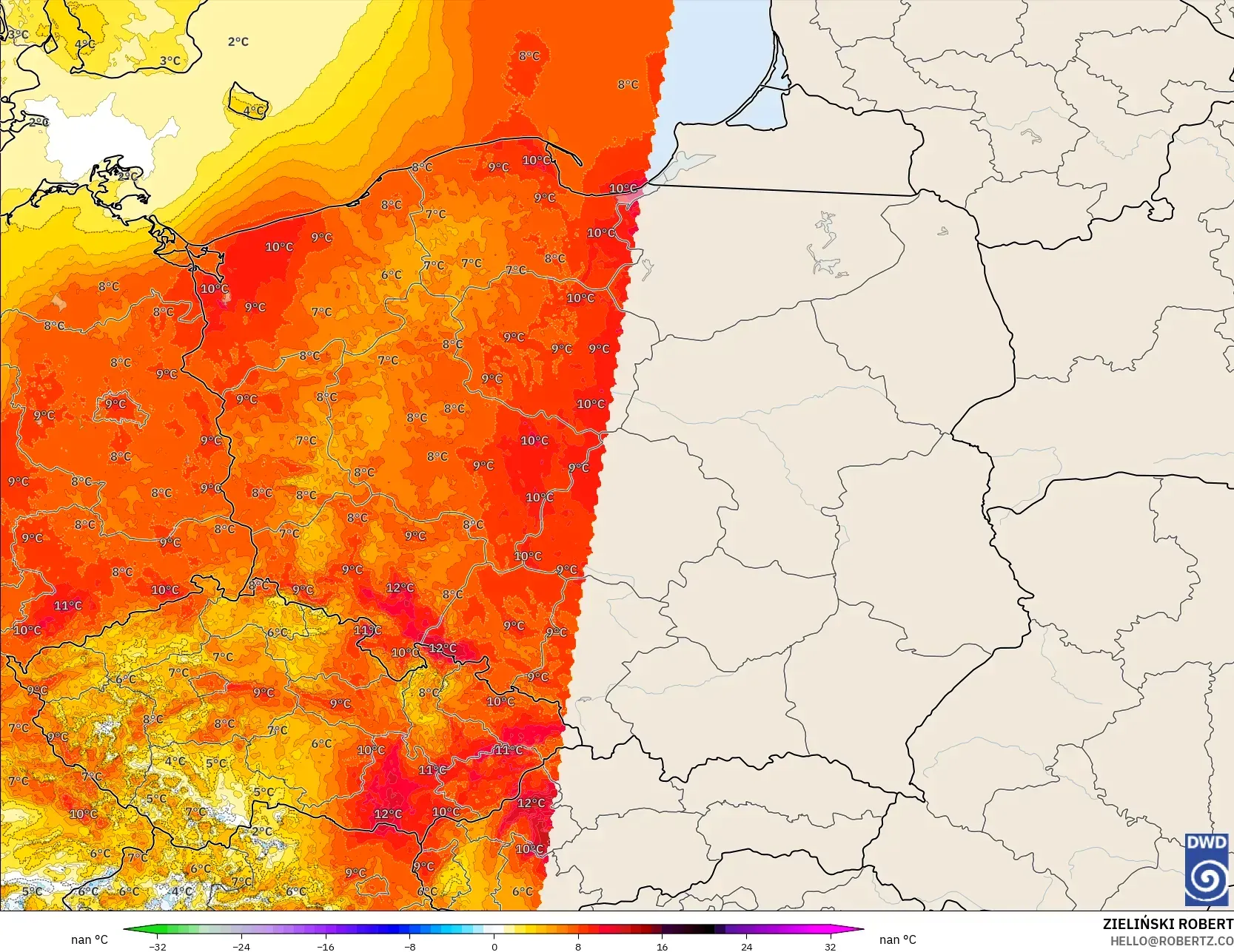 ICON Almanya 2 km model - Polonya, 2 m Sıcaklık Anomalisi