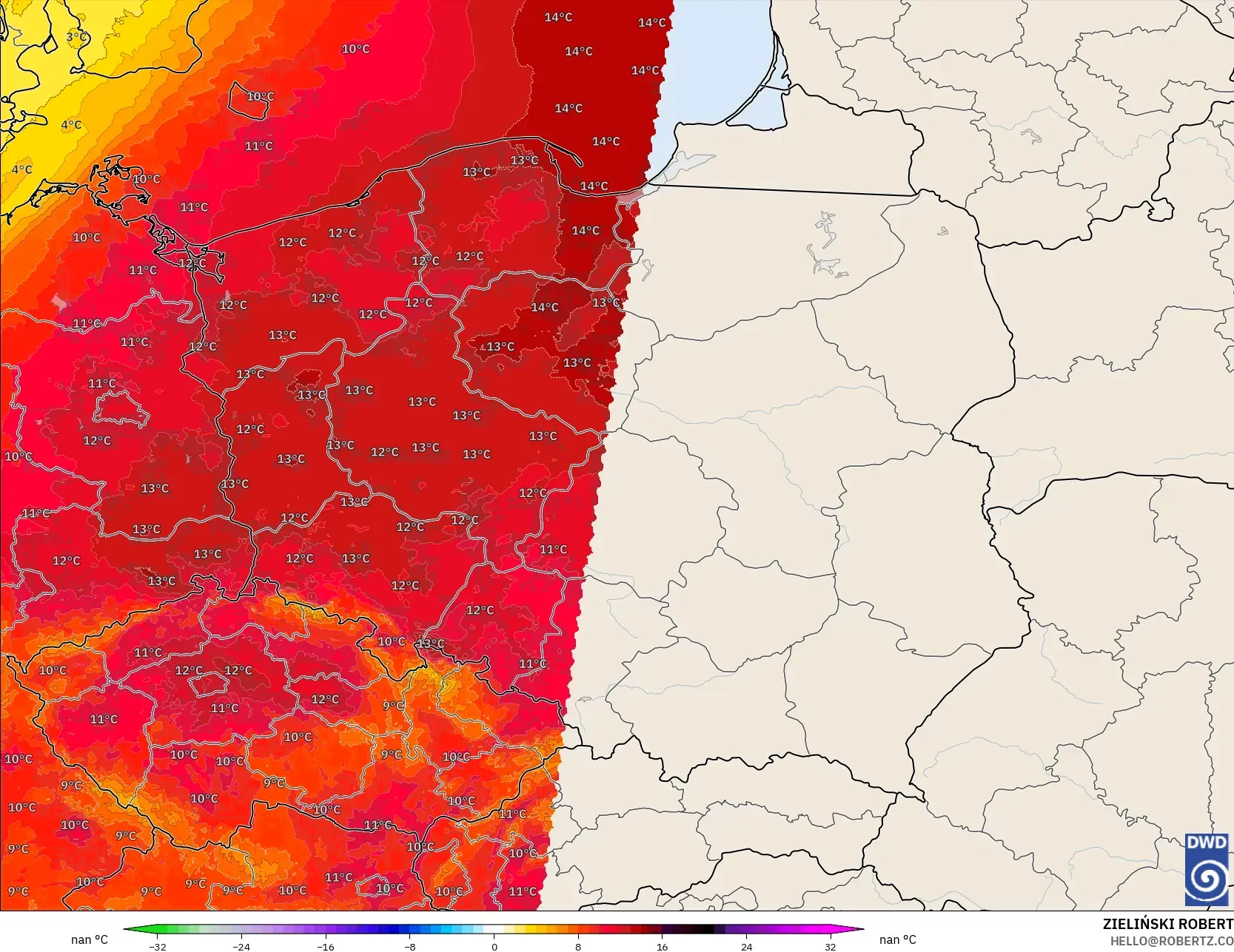 ICON Almanya 2 km model - Polonya, 850 hPa Sıcaklık Anomalisi
