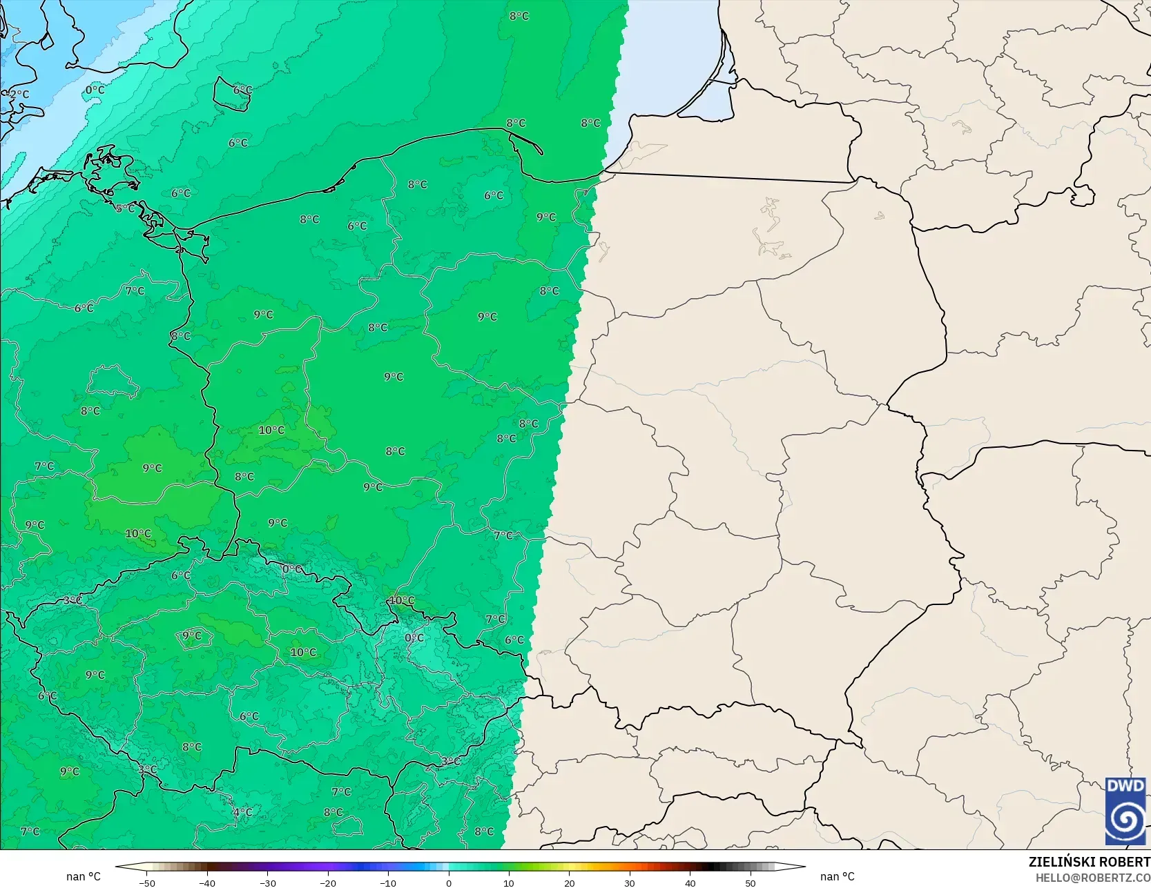 ICON Almanya 2 km model - Polonya, 850 hPa Sıcaklık