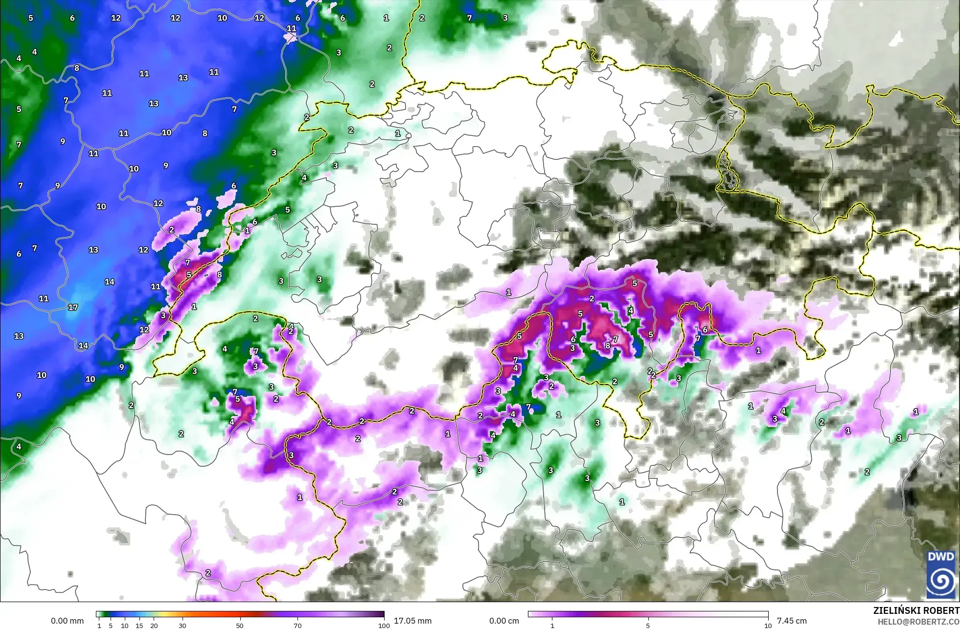 ICON Almanya 2 km model - İsviçre, Yağış, Bulut ve Basınç