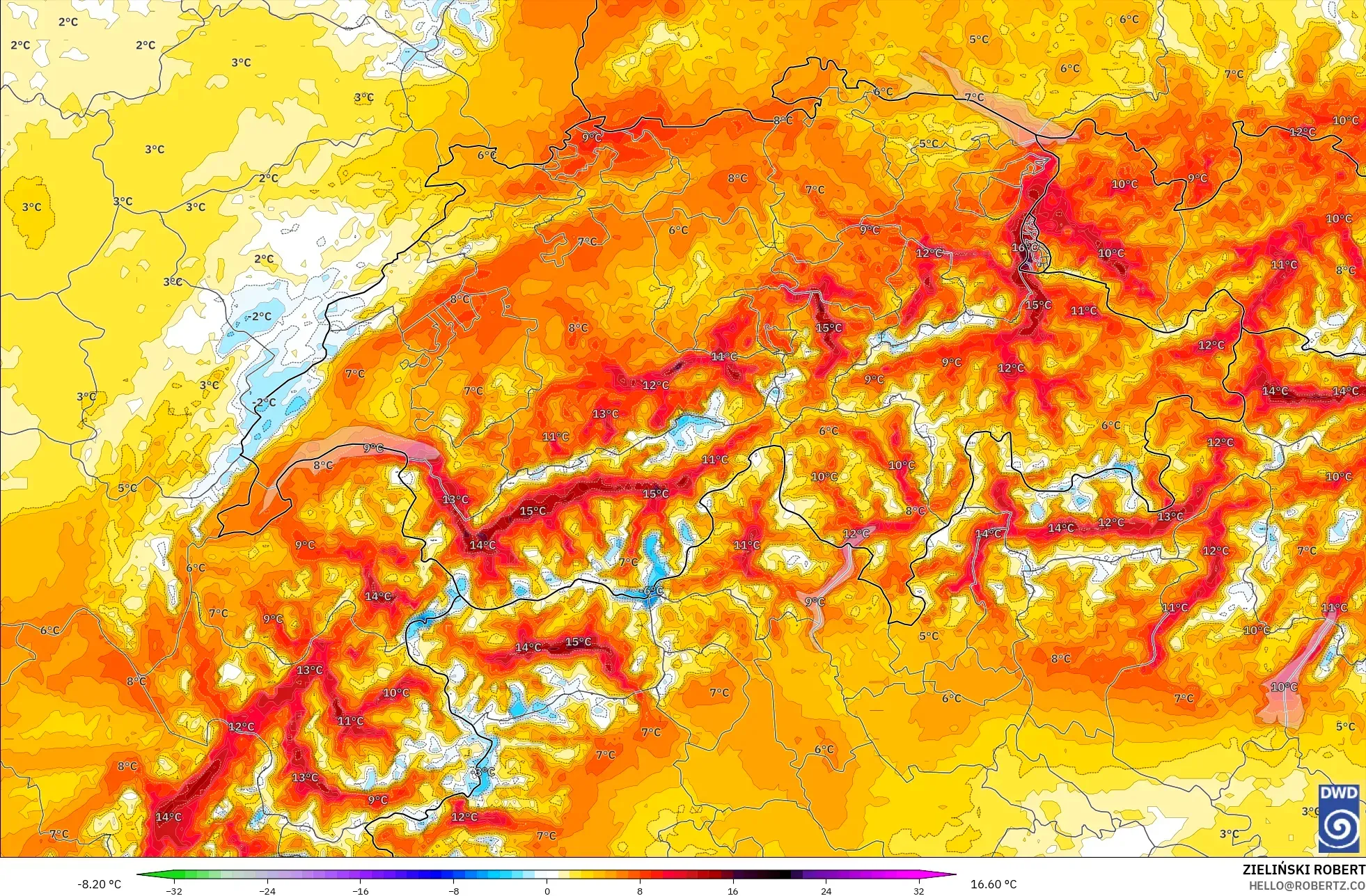 ICON Almanya 2 km model - İsviçre, 2 m Sıcaklık Anomalisi