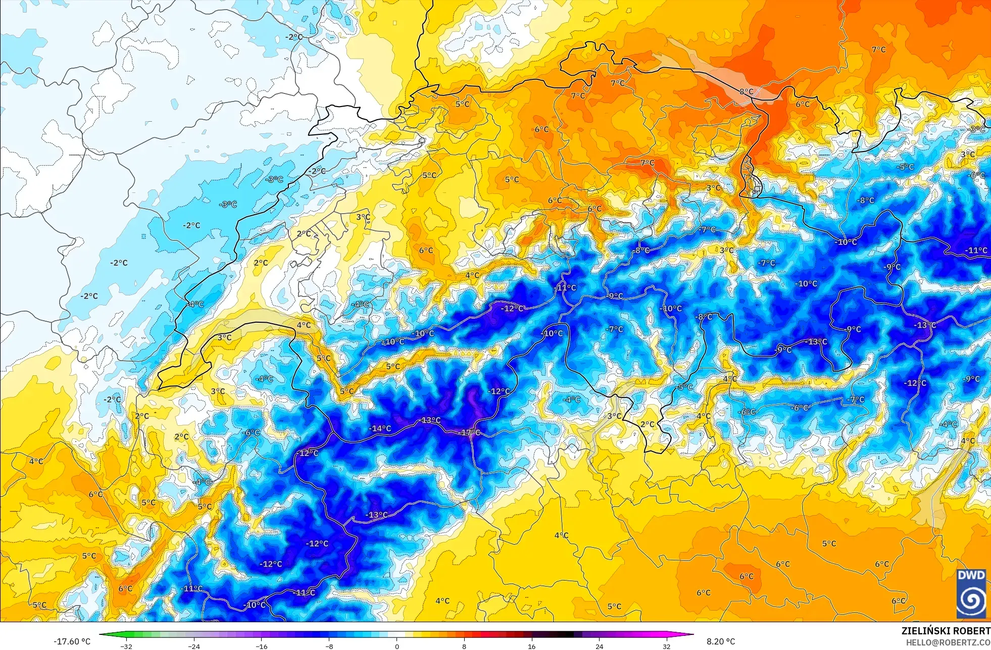 ICON Almanya 2 km model - İsviçre, 850 hPa Sıcaklık Anomalisi