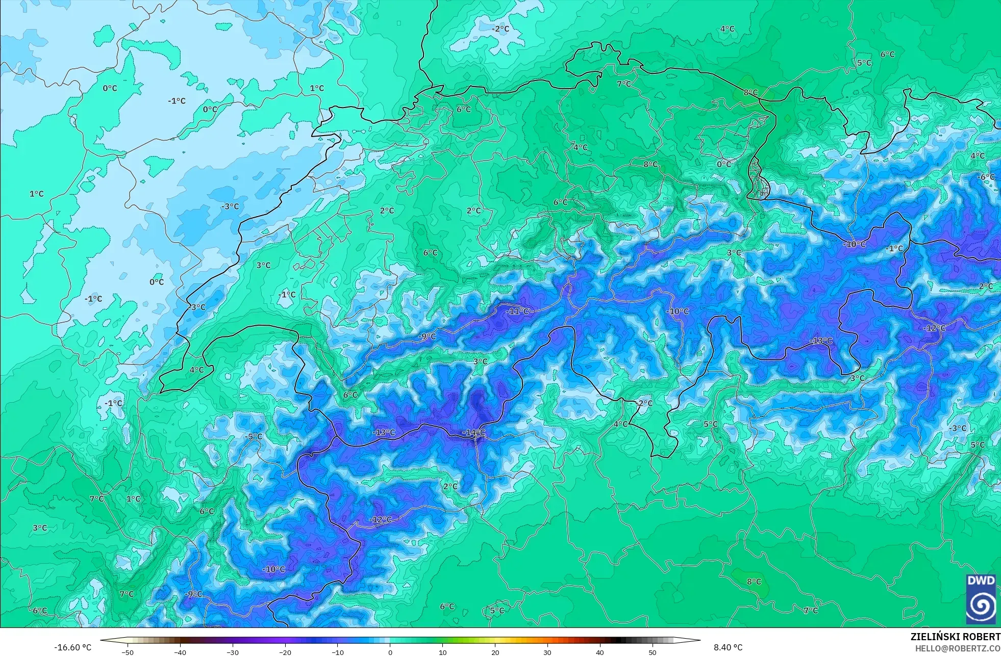 ICON Almanya 2 km model - İsviçre, 850 hPa Sıcaklık