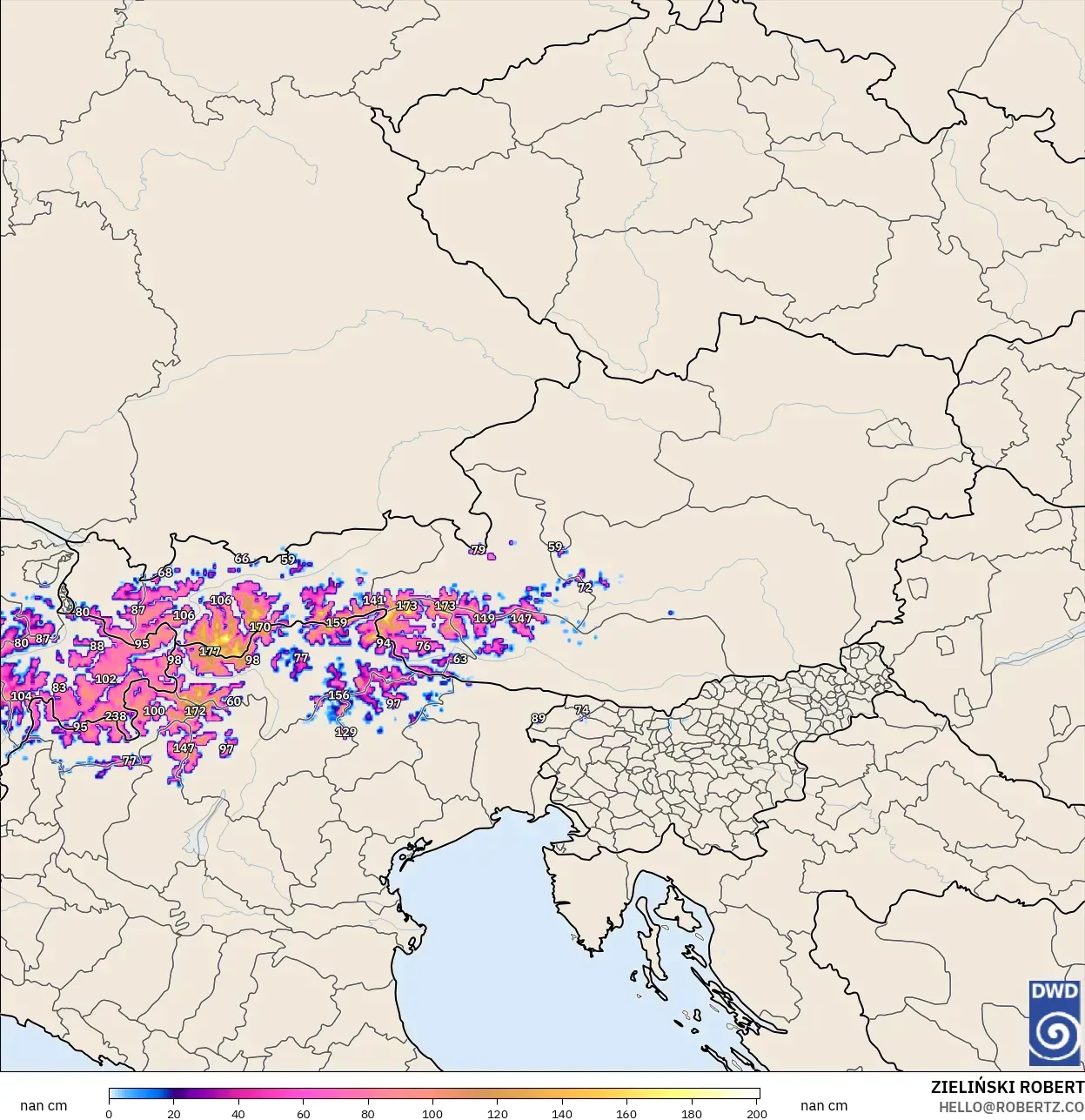 ICON Almanya 2 km model - Avusturya, Kar Kalınlığı