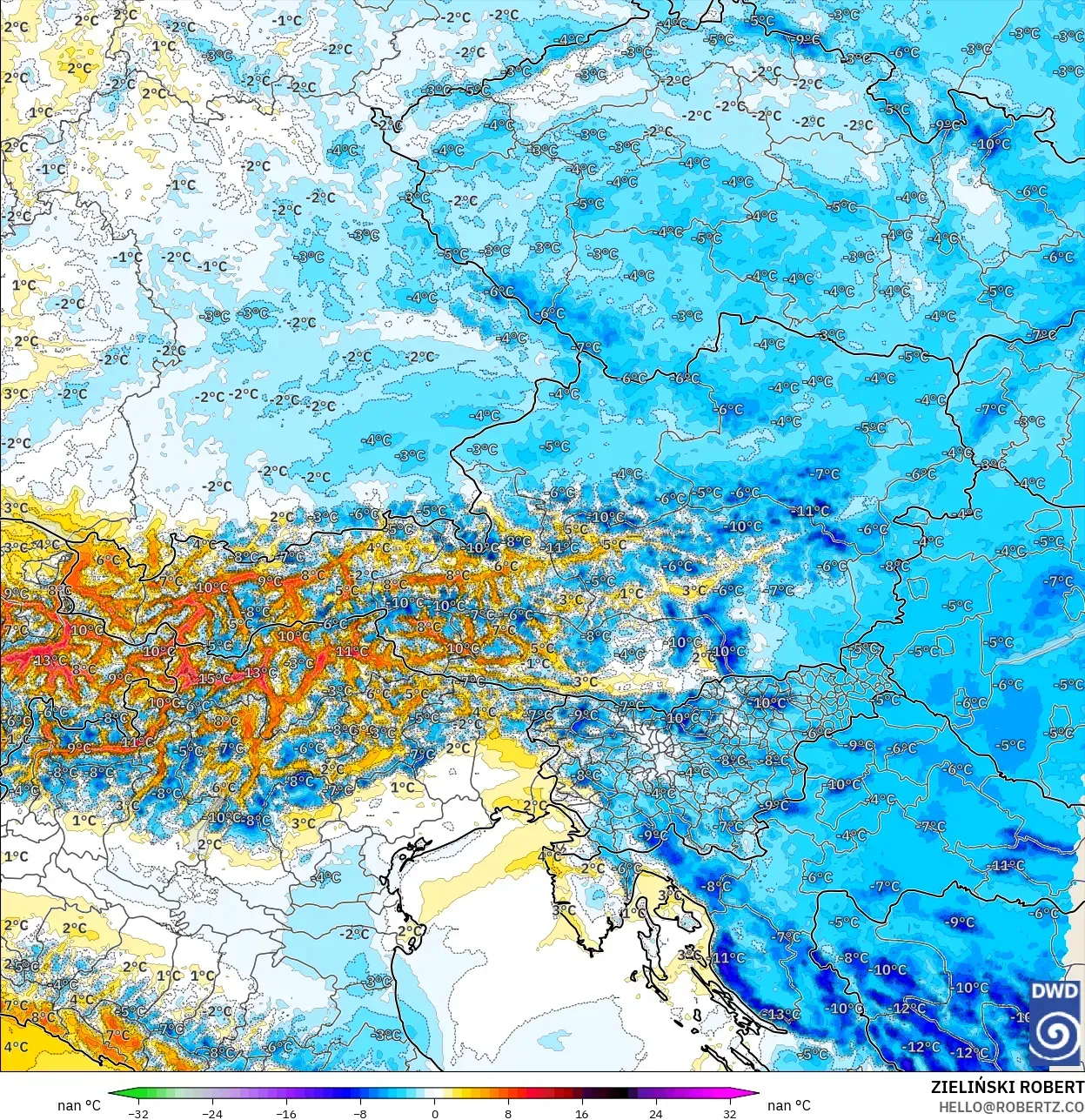 ICON Almanya 2 km model - Avusturya, 2 m Sıcaklık Anomalisi