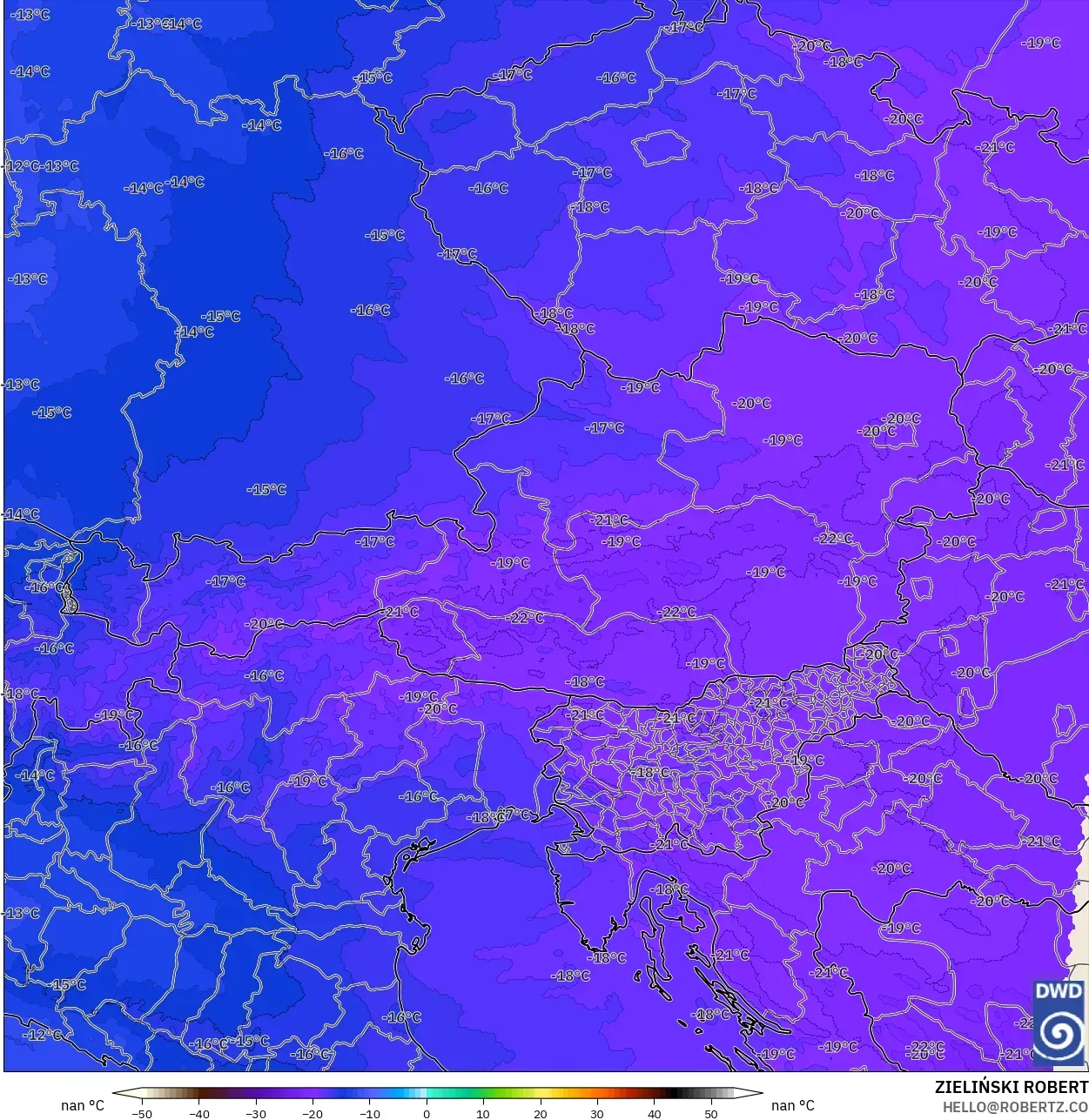 ICON Almanya 2 km model - Avusturya, 500 hPa Sıcaklık