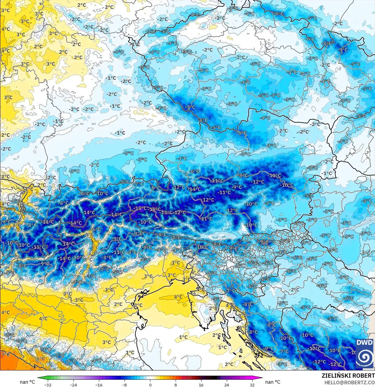 ICON Almanya 2 km model - Avusturya, 850 hPa Sıcaklık Anomalisi
