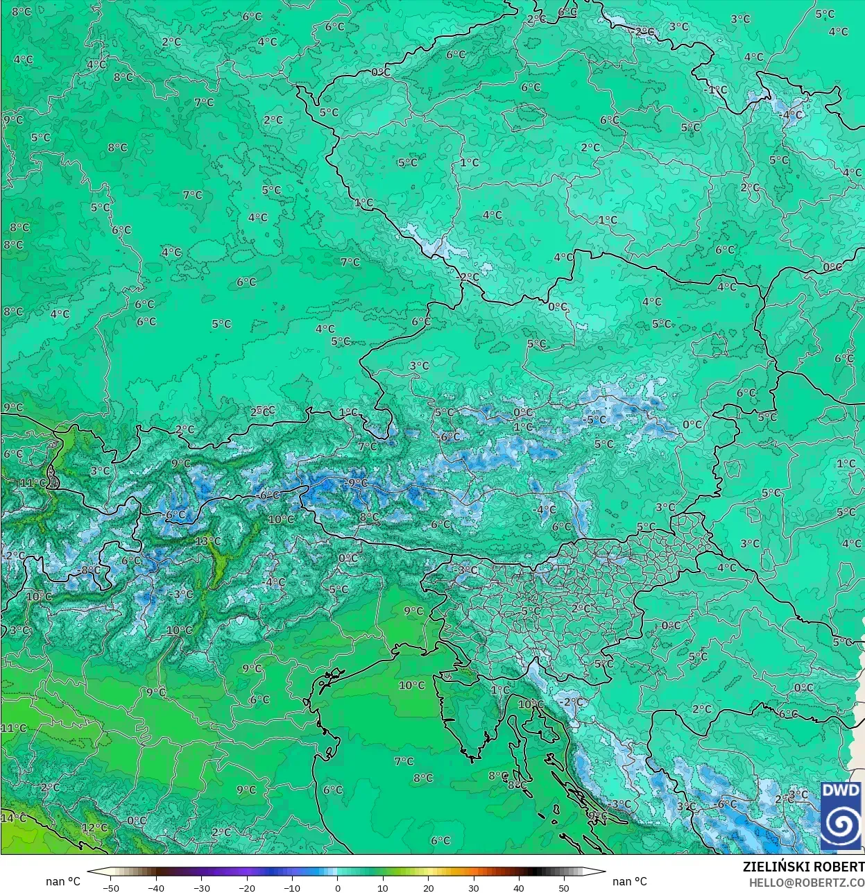 ICON Almanya 2 km model - Avusturya, 850 hPa Sıcaklık