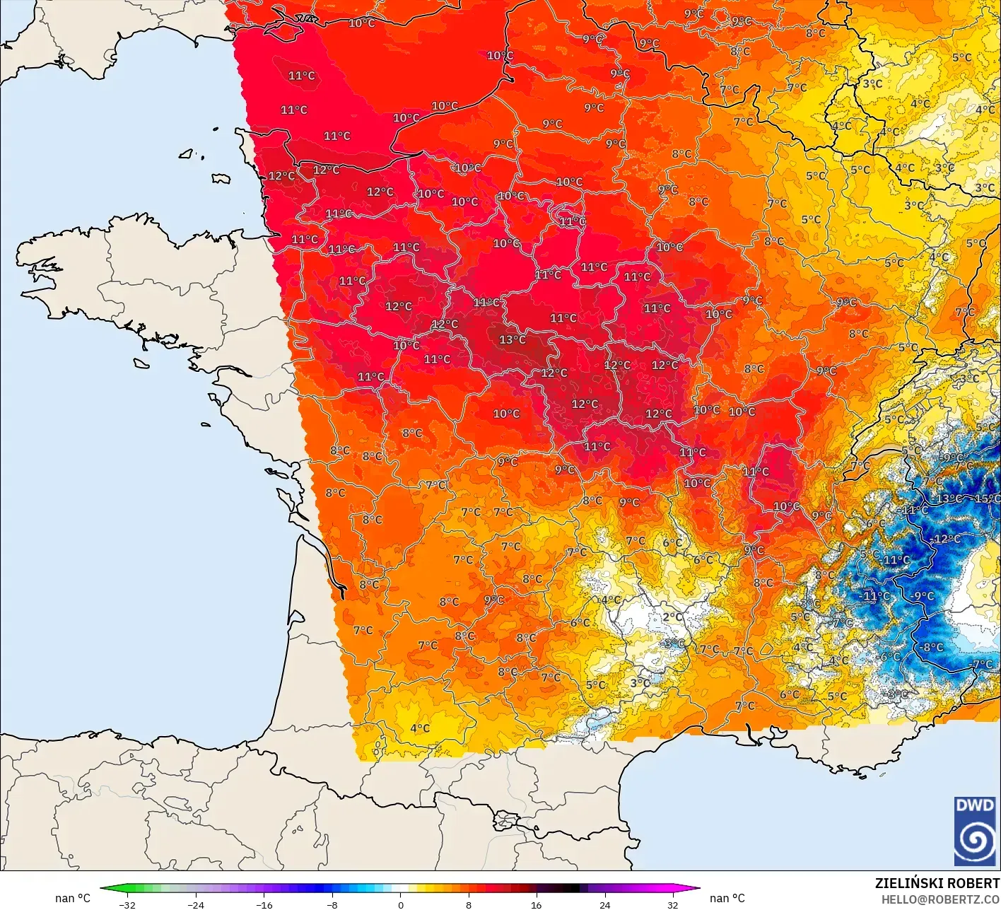 ICON Almanya 2 km model - Fransa, 850 hPa Sıcaklık Anomalisi