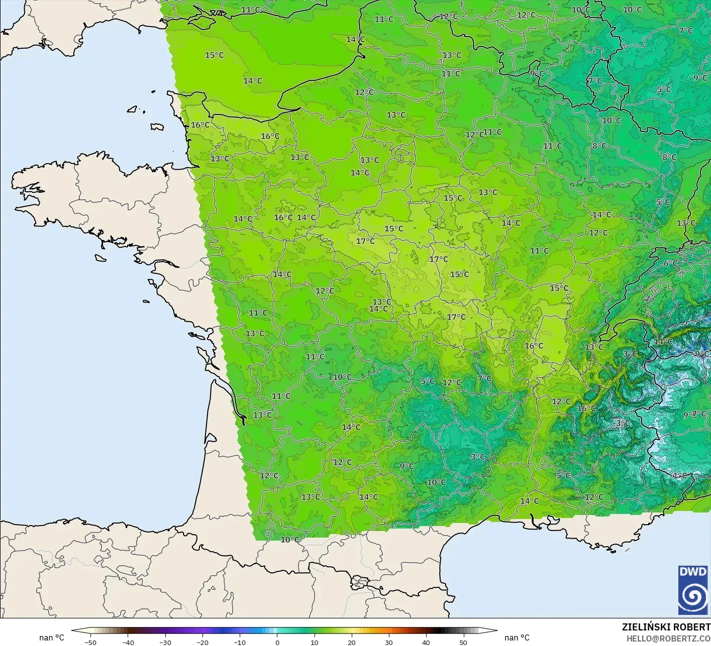 ICON Almanya 2 km model - Fransa, 850 hPa Sıcaklık