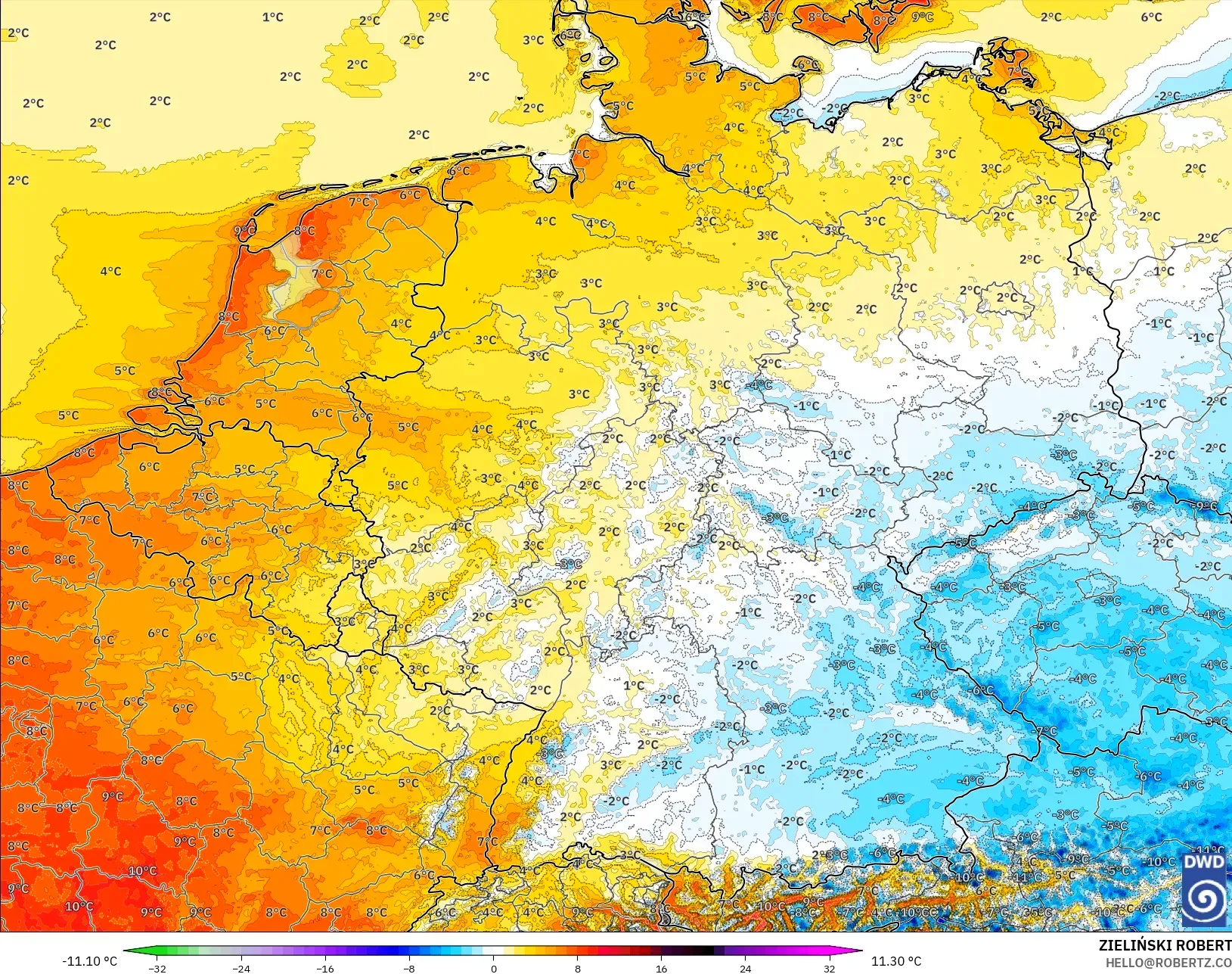 ICON Almanya 2 km model - Almanya, 2 m Sıcaklık Anomalisi