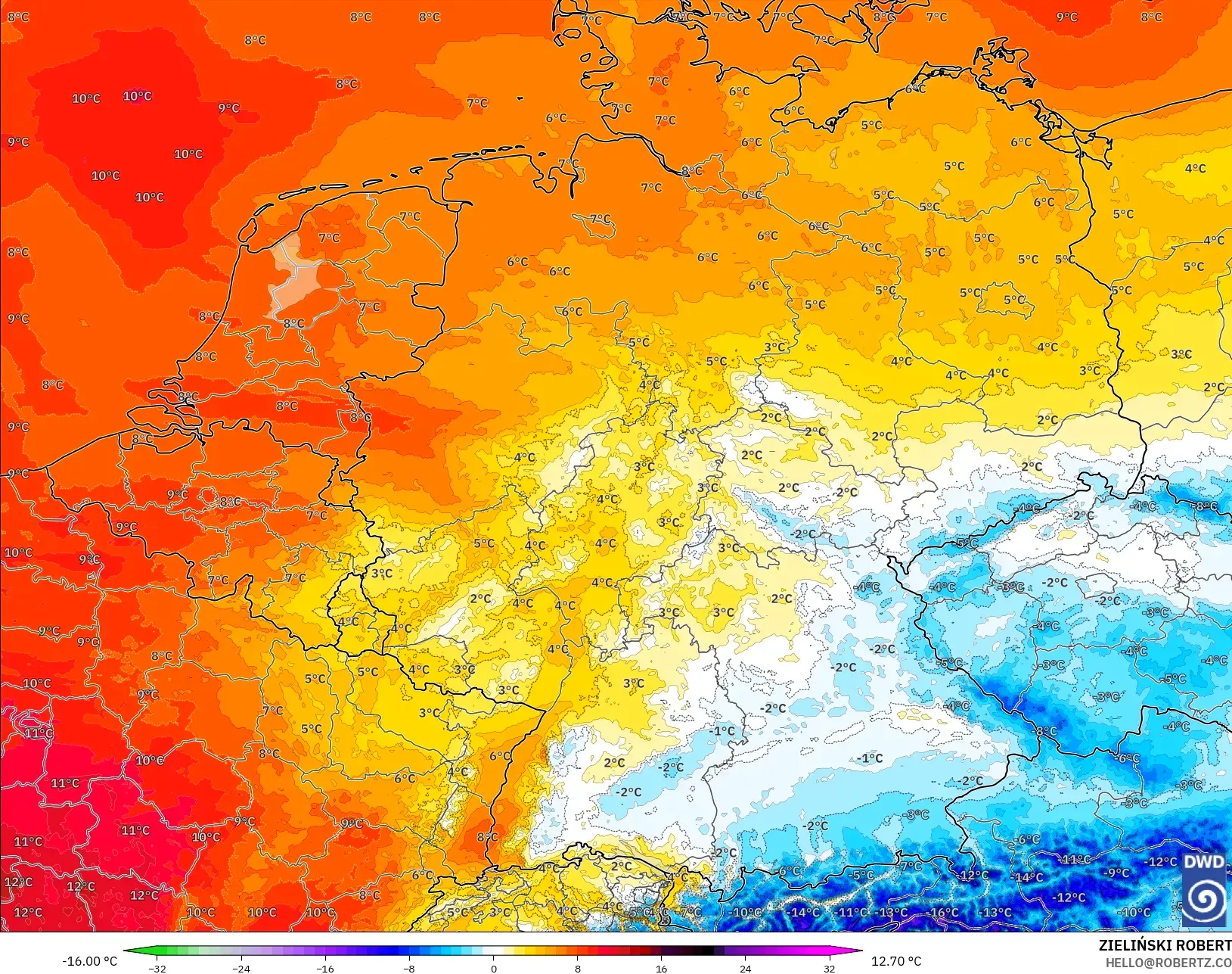 ICON Almanya 2 km model - Almanya, 850 hPa Sıcaklık Anomalisi