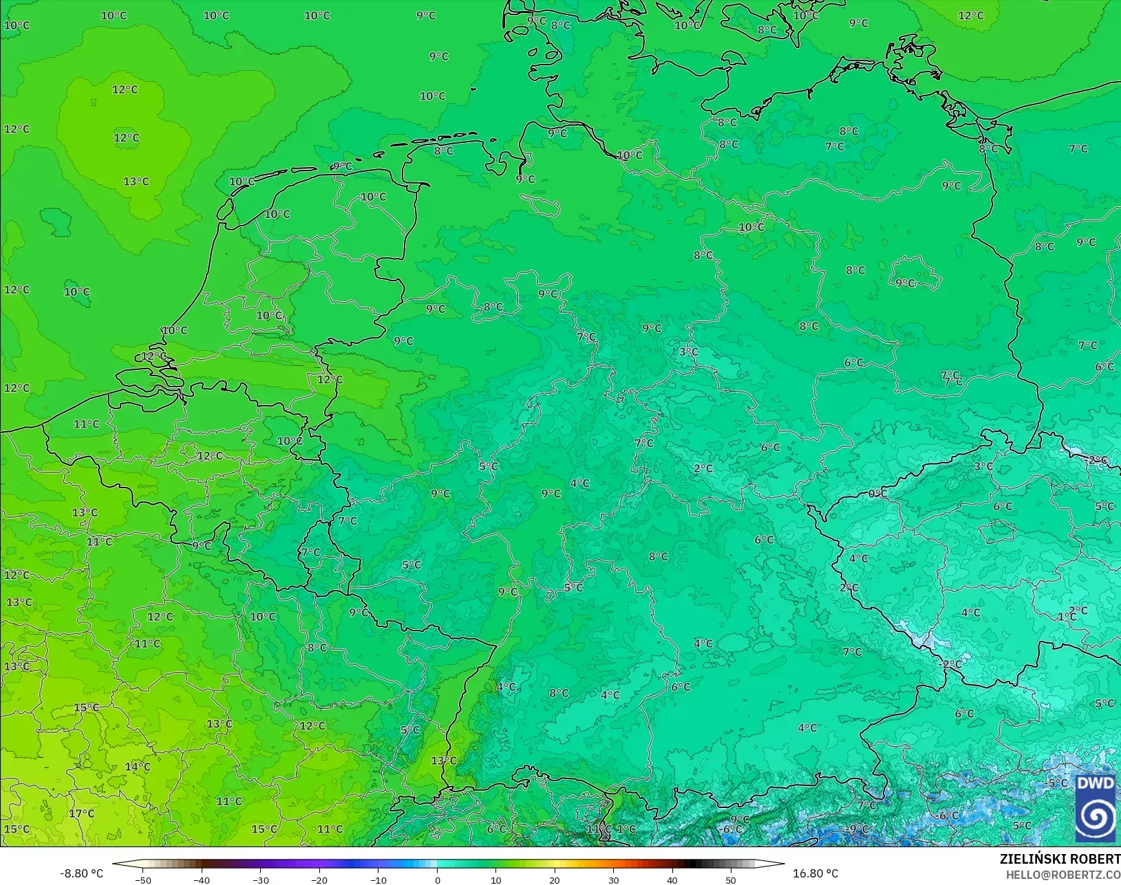ICON Almanya 2 km model - Almanya, 850 hPa Sıcaklık