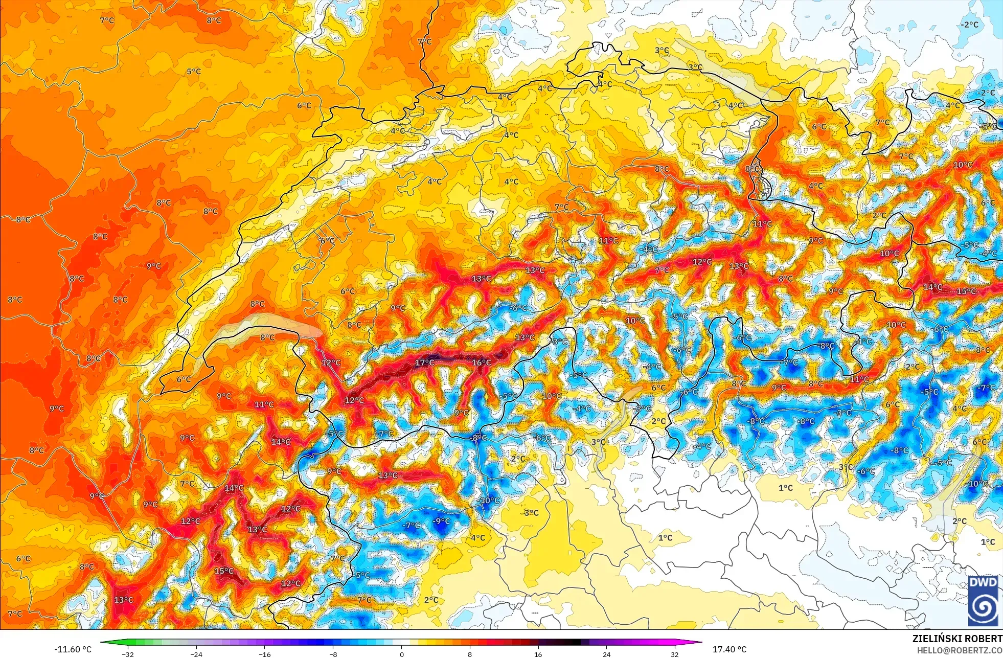 ICON Almanya 2 km model - İsviçre, 2 m Sıcaklık Anomalisi
