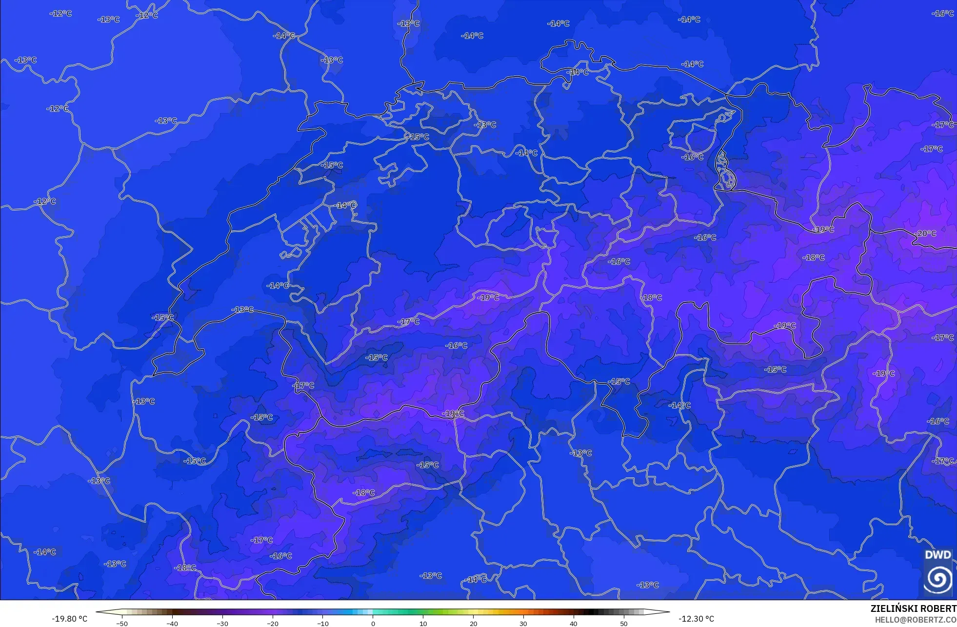 ICON Almanya 2 km model - İsviçre, 500 hPa Sıcaklık