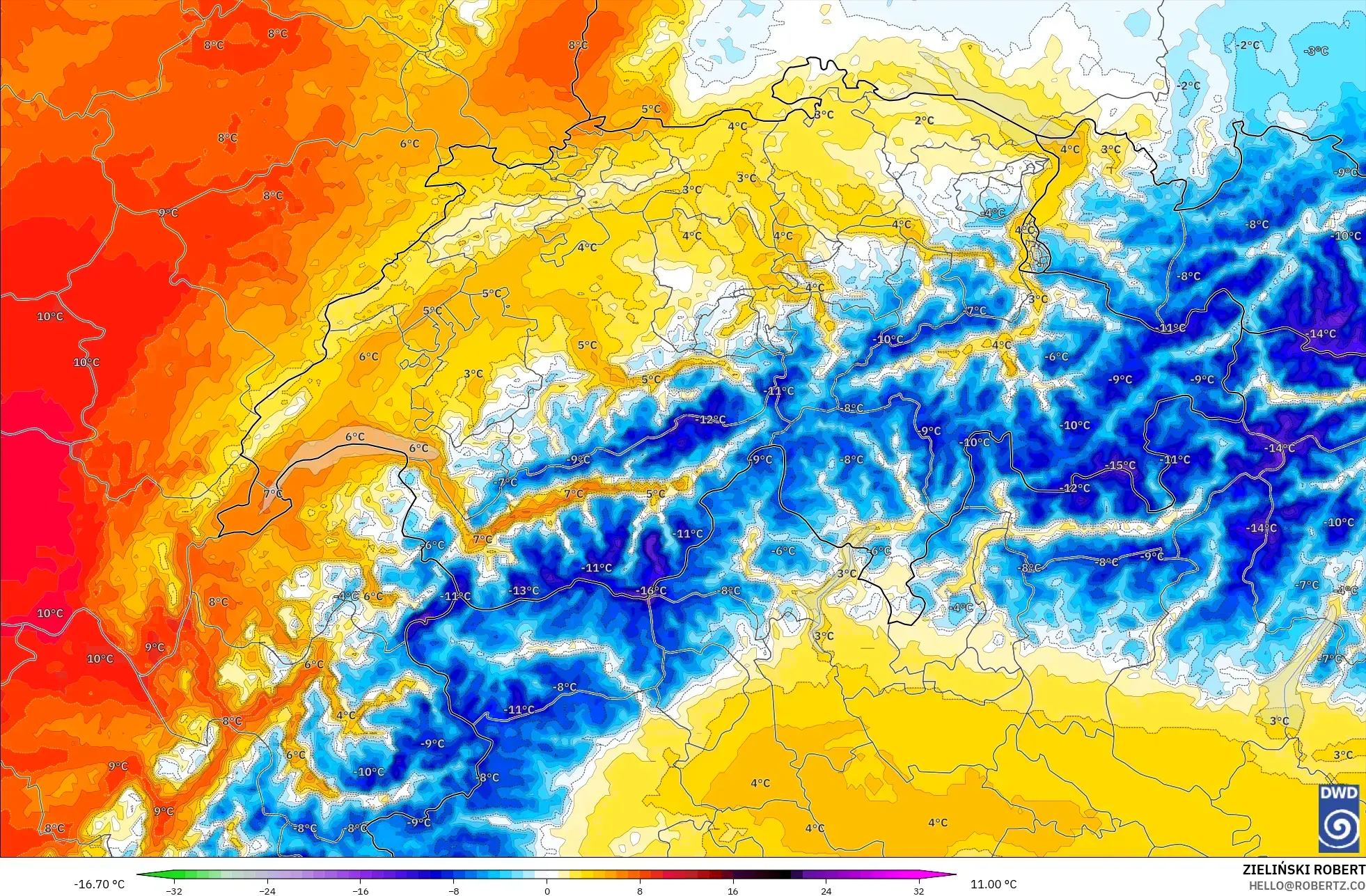 ICON Almanya 2 km model - İsviçre, 850 hPa Sıcaklık Anomalisi