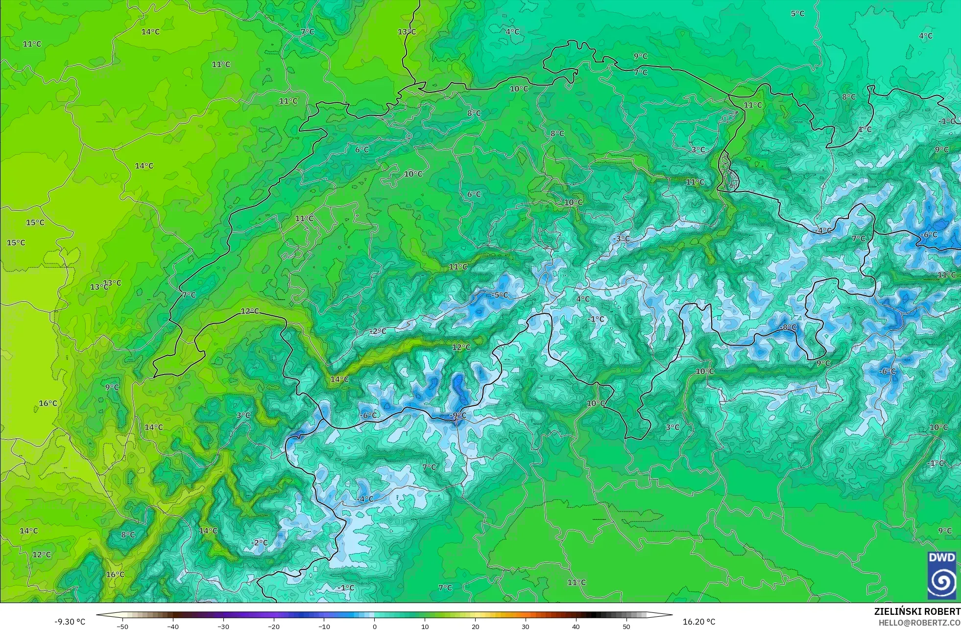 ICON Almanya 2 km model - İsviçre, 850 hPa Sıcaklık