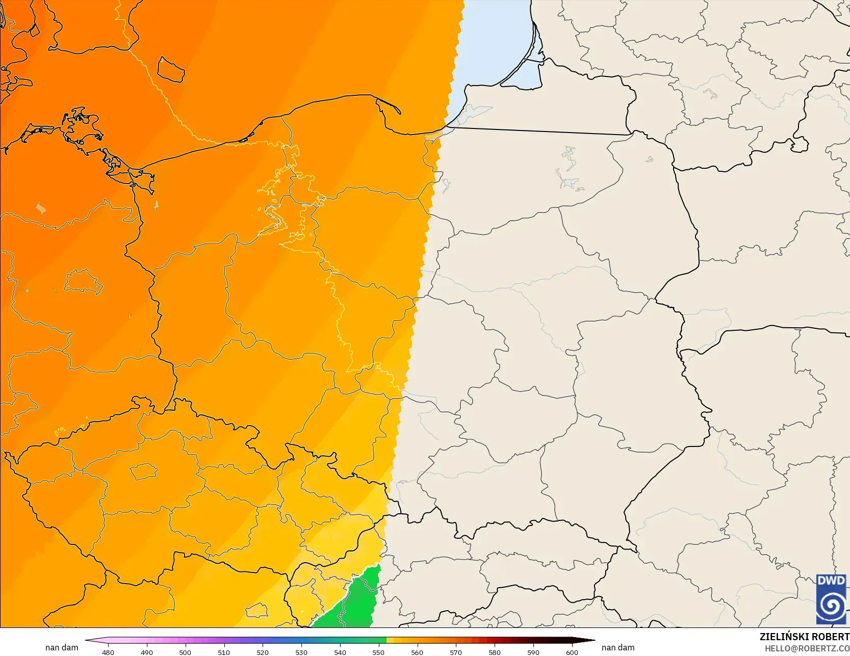 ICON Almanya 2 km model - Polonya, 500 hPa’da jeopotansiyel yükseklik