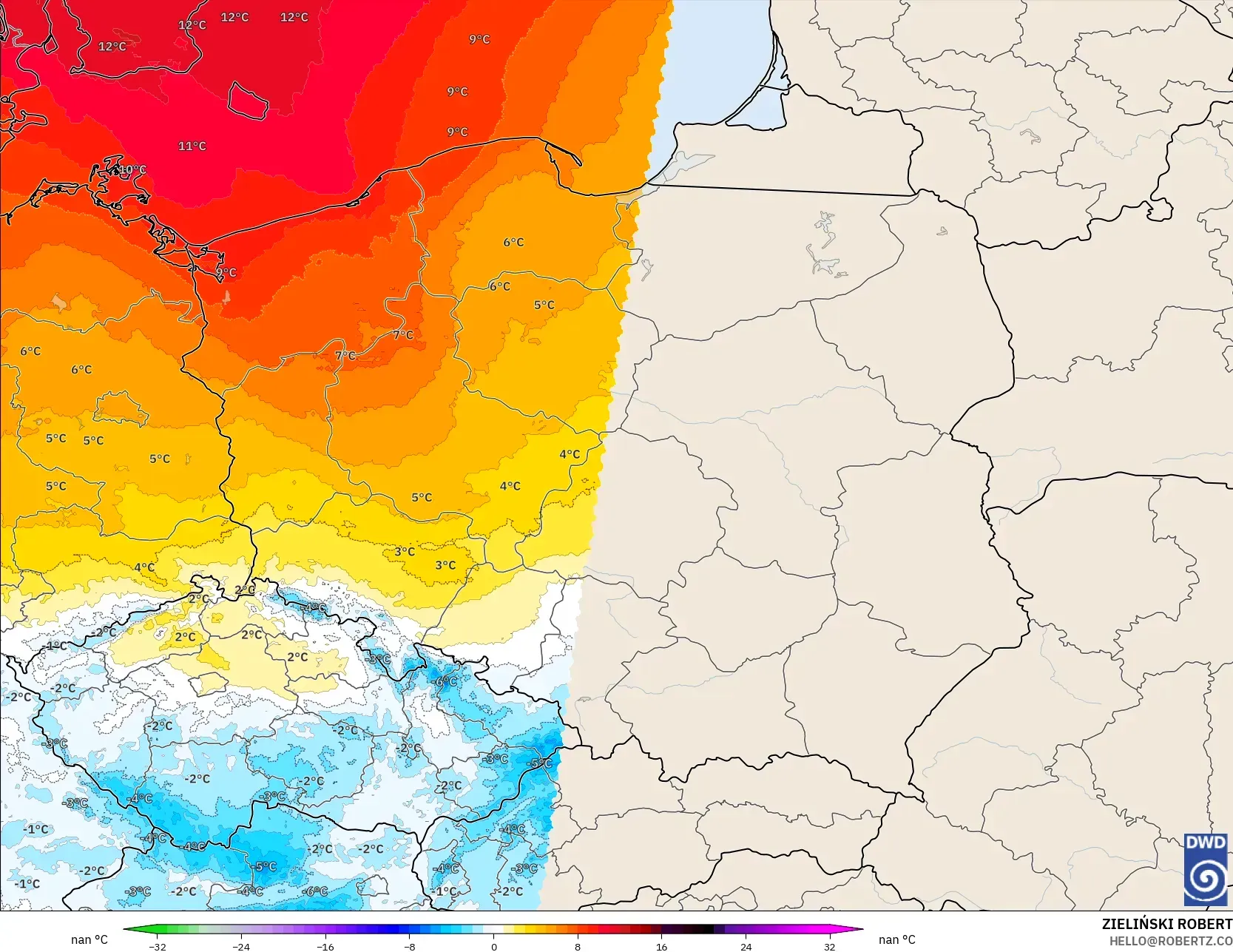 ICON Almanya 2 km model - Polonya, 850 hPa Sıcaklık Anomalisi