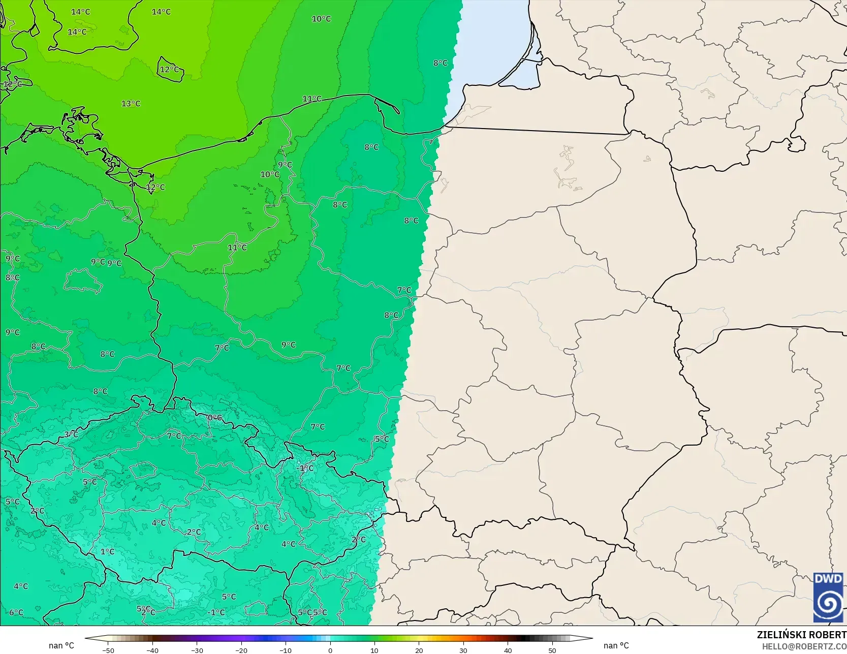 ICON Almanya 2 km model - Polonya, 850 hPa Sıcaklık