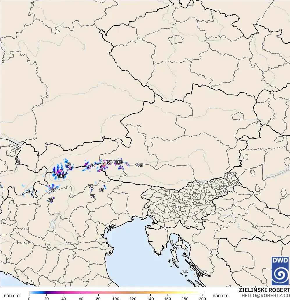 ICON Almanya 2 km model - Avusturya, Kar Kalınlığı