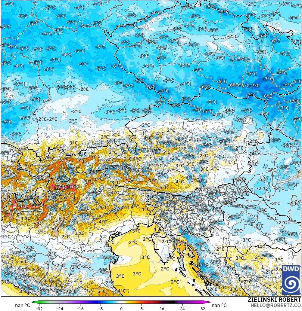 ICON Almanya 2 km model - Avusturya, 2 m Sıcaklık Anomalisi