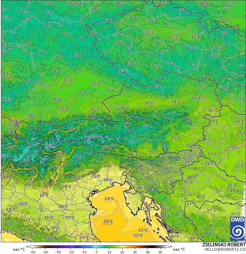 ICON Almanya 2 km model - Avusturya, 2 m Sıcaklık