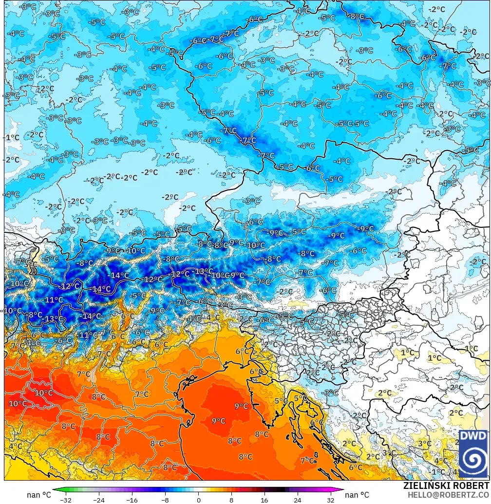 ICON Almanya 2 km model - Avusturya, 850 hPa Sıcaklık Anomalisi