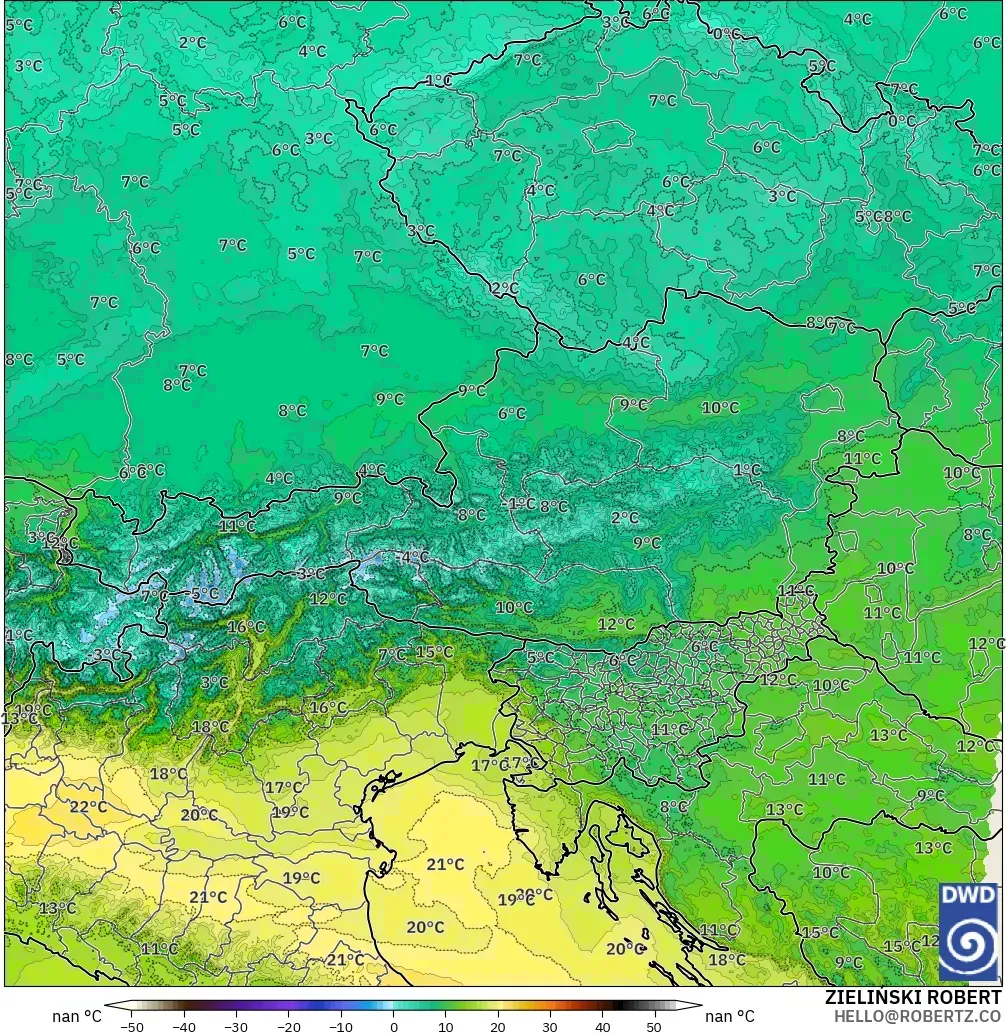 ICON Almanya 2 km model - Avusturya, 850 hPa Sıcaklık