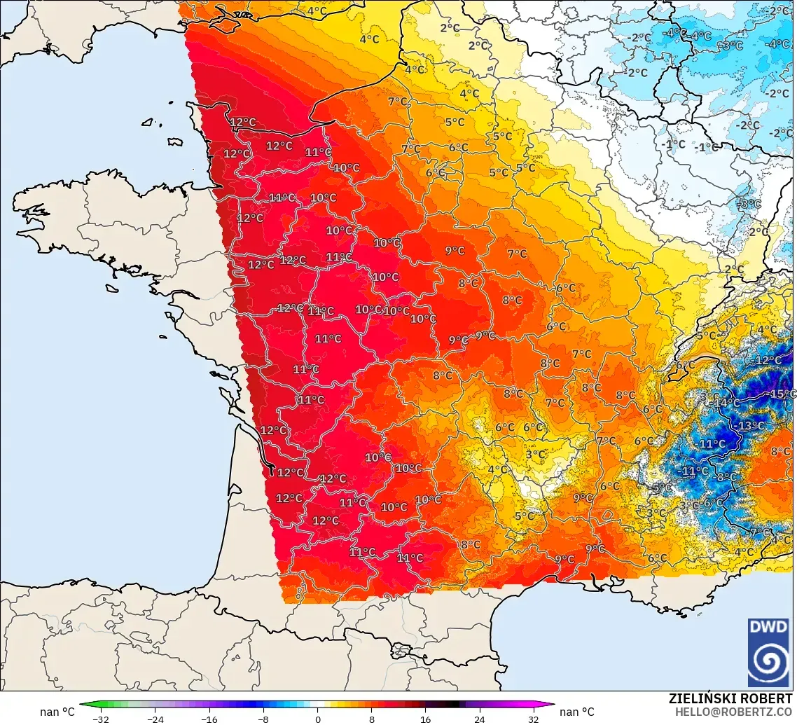 ICON Almanya 2 km model - Fransa, 850 hPa Sıcaklık Anomalisi