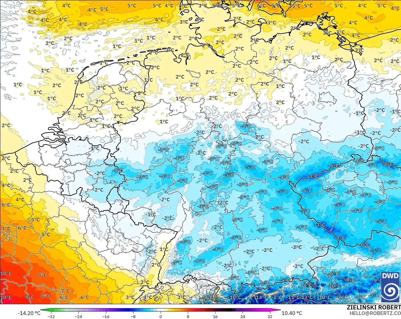 ICON Almanya 2 km model - Almanya, 850 hPa Sıcaklık Anomalisi