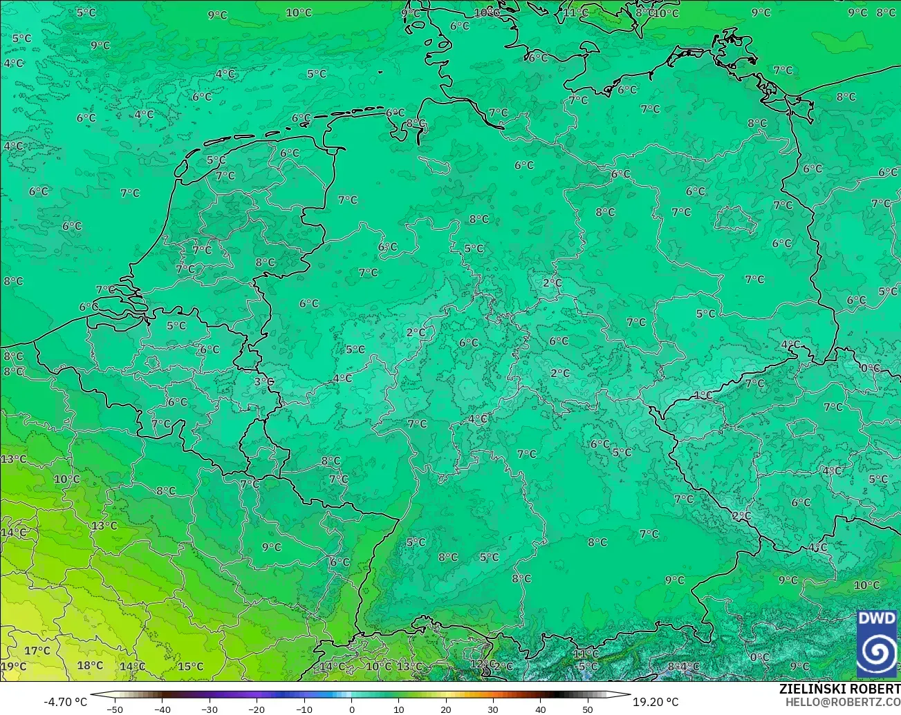 ICON Almanya 2 km model - Almanya, 850 hPa Sıcaklık