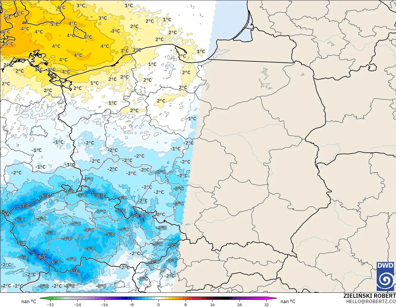 ICON Almanya 2 km model - Polonya, 850 hPa Sıcaklık Anomalisi